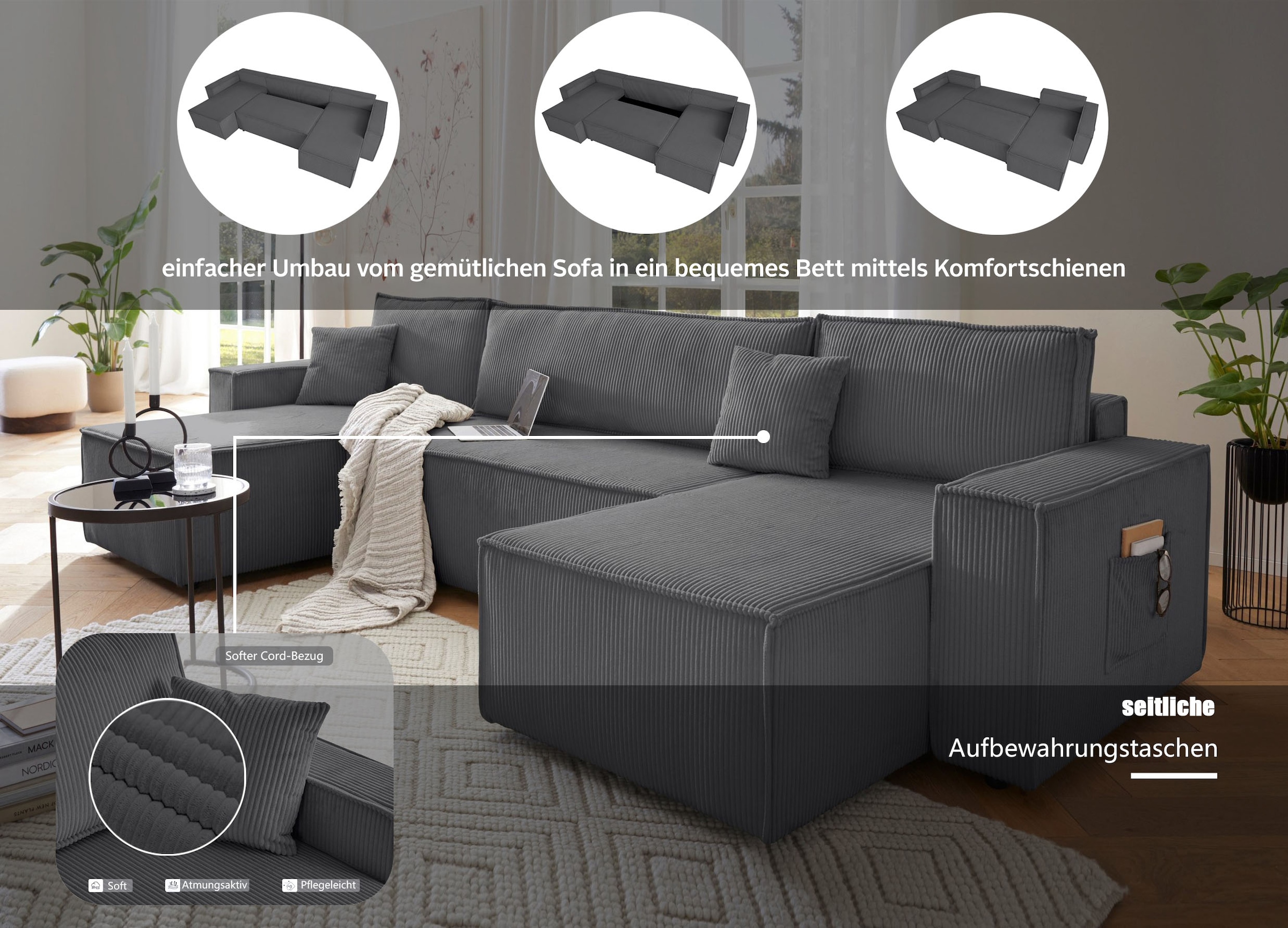 OTTO home Wohnlandschaft »CASSI L-Form, 311cm - OTTO. Verlässliche Qualität.« Schlaffunktion (133/200), Boxspring, Bettkasten, Cord, Unser Tiefpreis