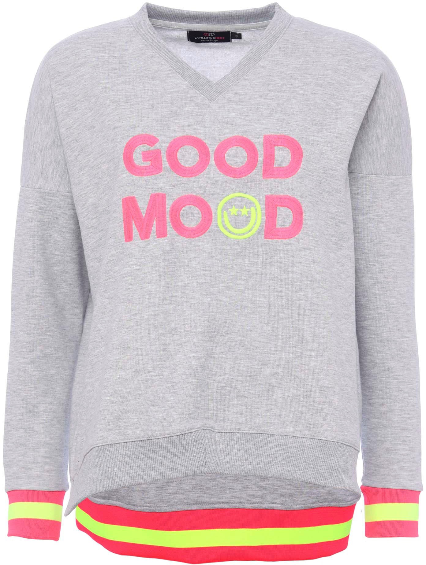Zwillingsherz Sweatshirt, Langarm, Neon-Details, V-Ausschnitt, Schriftzug