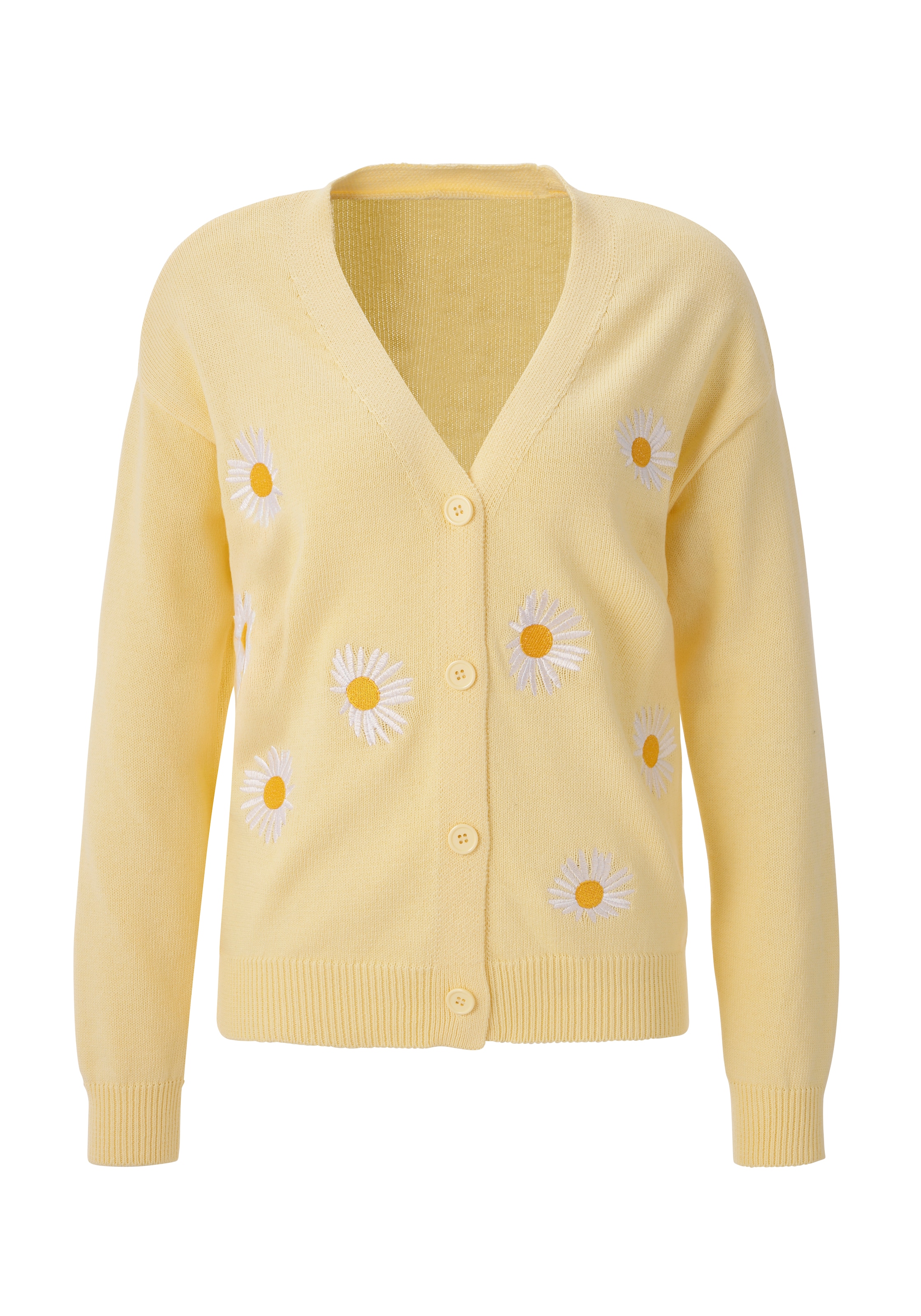 Aniston CASUAL Strickjacke mit aufgestickten Margeriten verziert