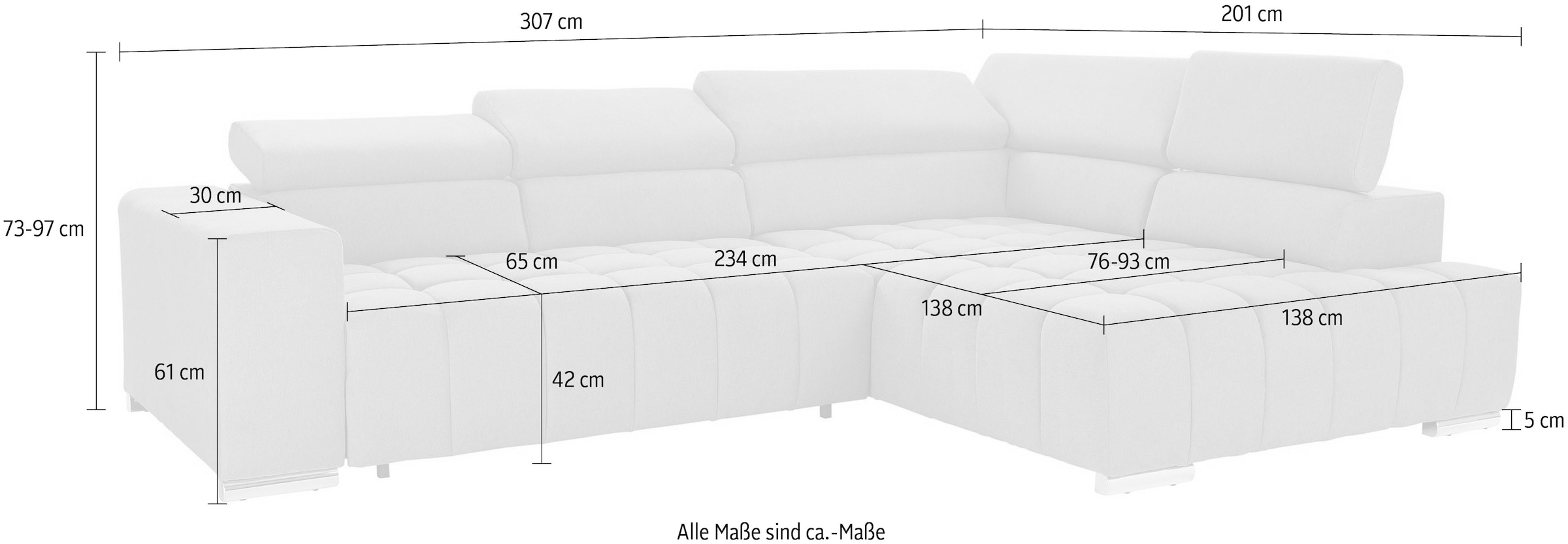 exxpo - sofa fashion Ecksofa »Elias, aktuelle Kreuzsteppung im Sitz, bequem, Breite 307cm, L-Form« mit Kopf- bzw. Rückenverstellung, wahlweise mit Bettfunktion