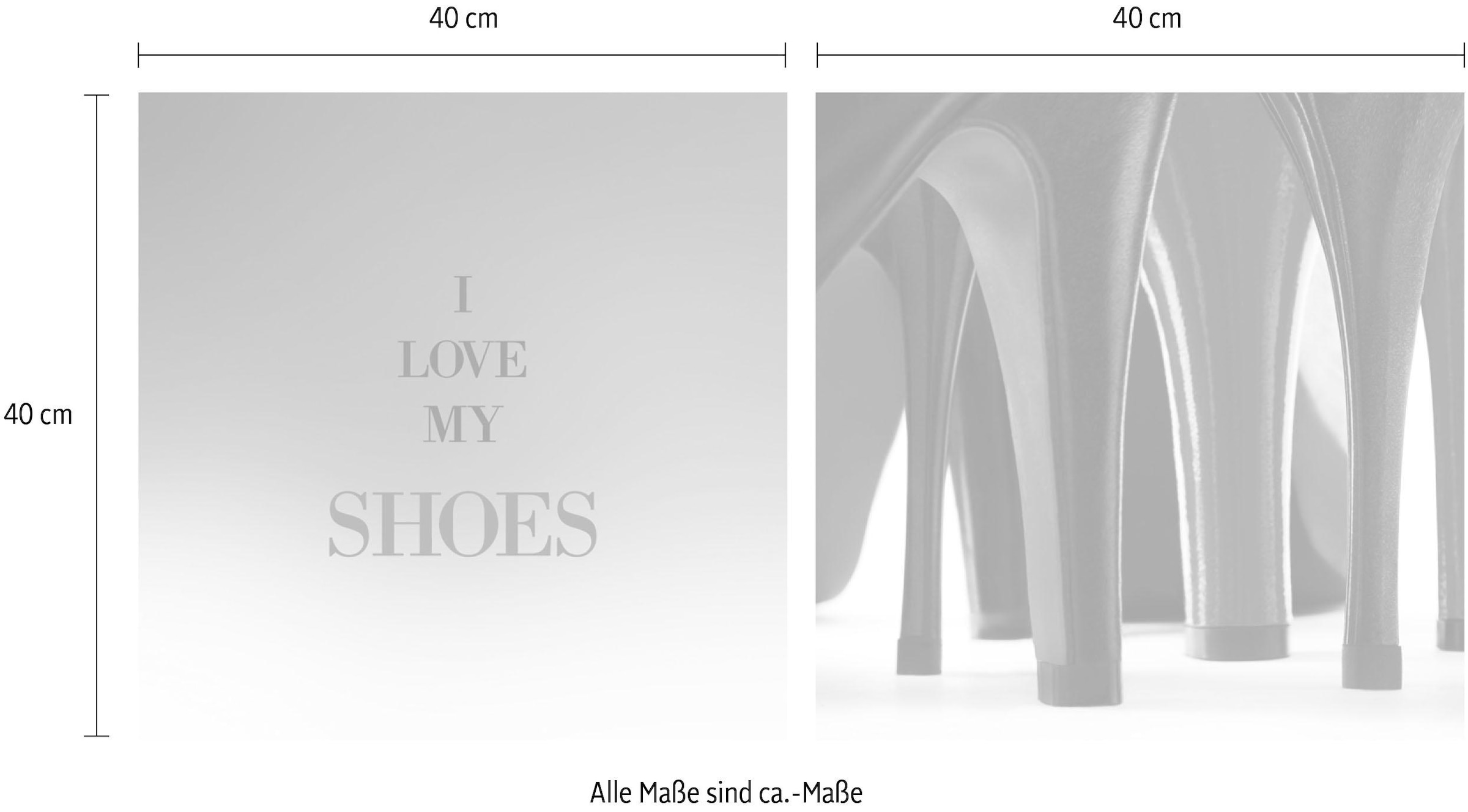 queence Leinwandbild »Shoes«, Schuh-Schuhe-Kunst-Modern-Sprüche-Sprüche & Texte-Schriftzug-Schriftzüge, (Set), Premium-Leinwandstoff, Handarbeit aus Deutschland, Spruch, 2er Set