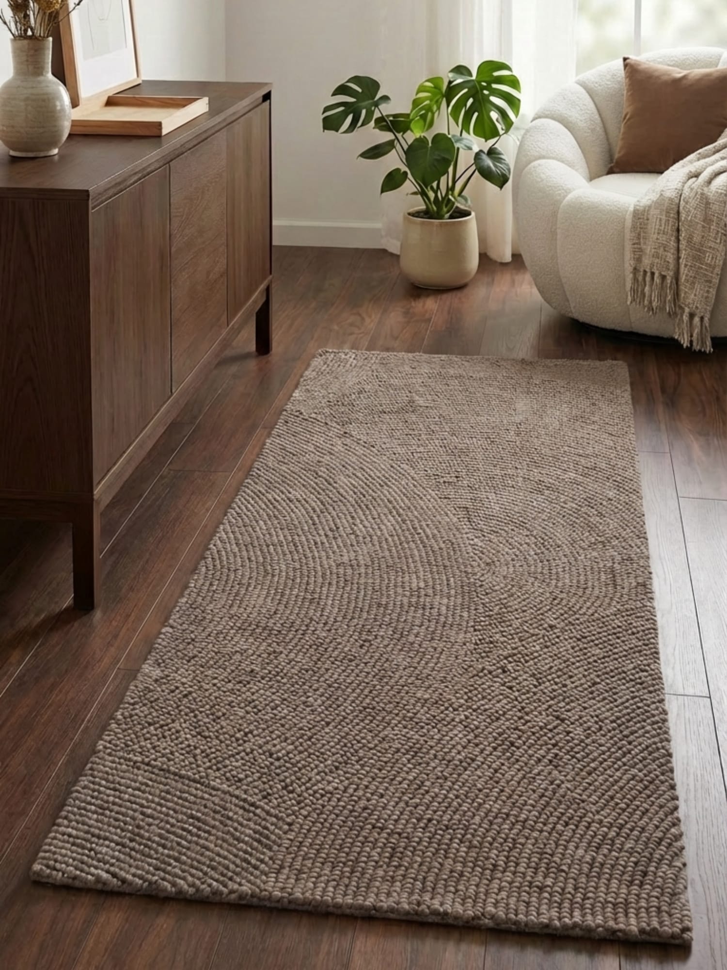 THE RUGS Eleni Wool Rug Hand Tufted Wool Geometric Area Rug Scandinavian Style in Brown | Size: 80cm x 300cm