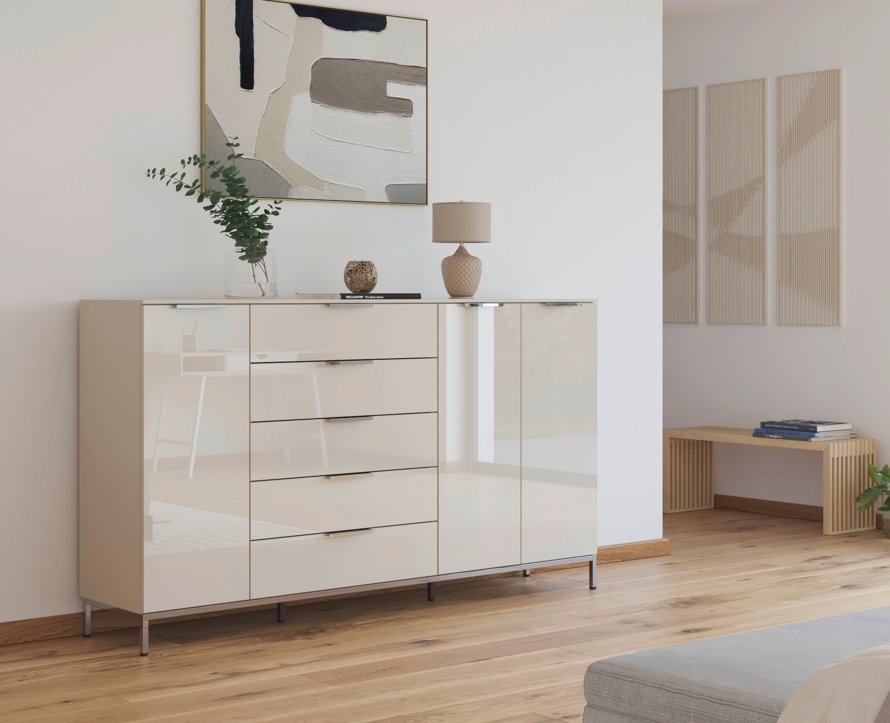 rauch Kombikommode »Kommode Türkommode Sideboard Kombikommode FLIPP mit Glasfront« Breite 200 cm mit 4 Einlegeböden,  3-türig mit 5 Schubladen und Soft-Close-Funktion sowie Glasfront