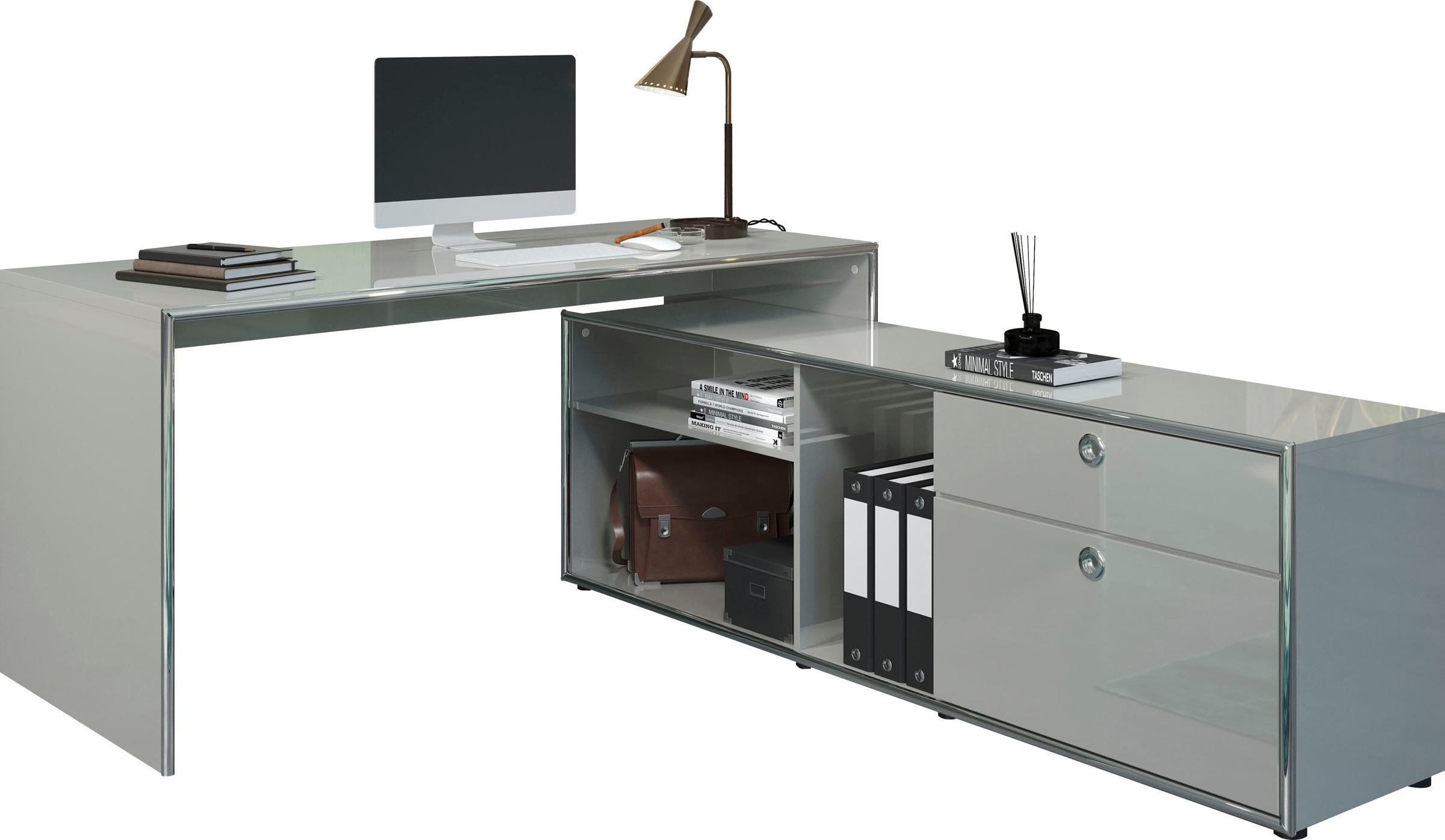 Places of Style Schrank-Set »Imperia«, (Set, 2 St., Infinity), Schreibtisch mit Lowboard in eleganter Hochglanzoptik und Chromrahmen