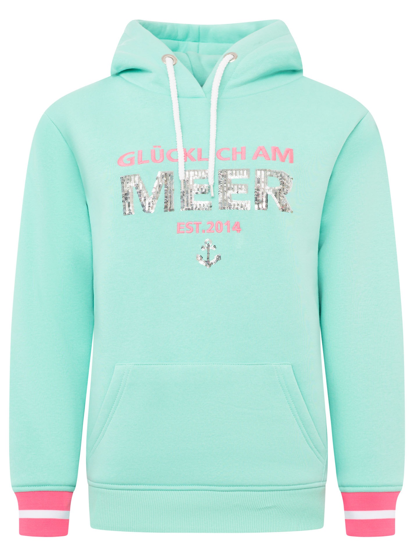 Zwillingsherz Hoodie »"Glücklich am Meer"«, mit Pailletten, Kapuze und kontrastfarbigen Bündchen
