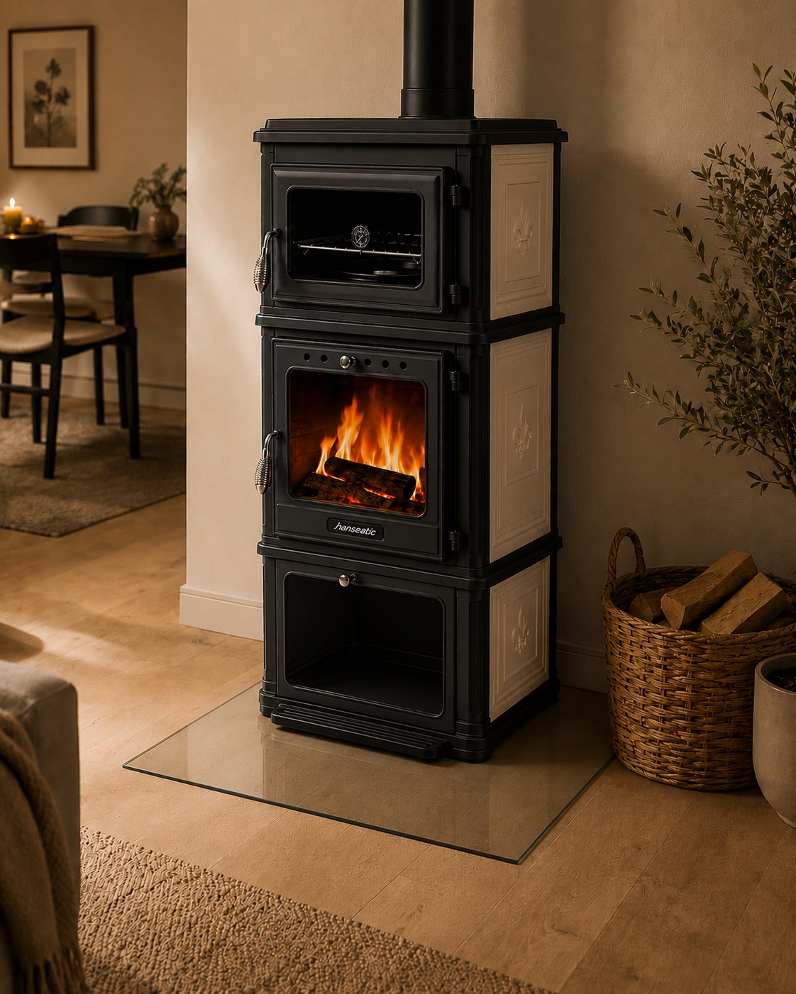 Hanseatic Kaminofen »Minerva, Gussofen mit Backofen und Beige emaillierten Seiten« Großer Feuerraum