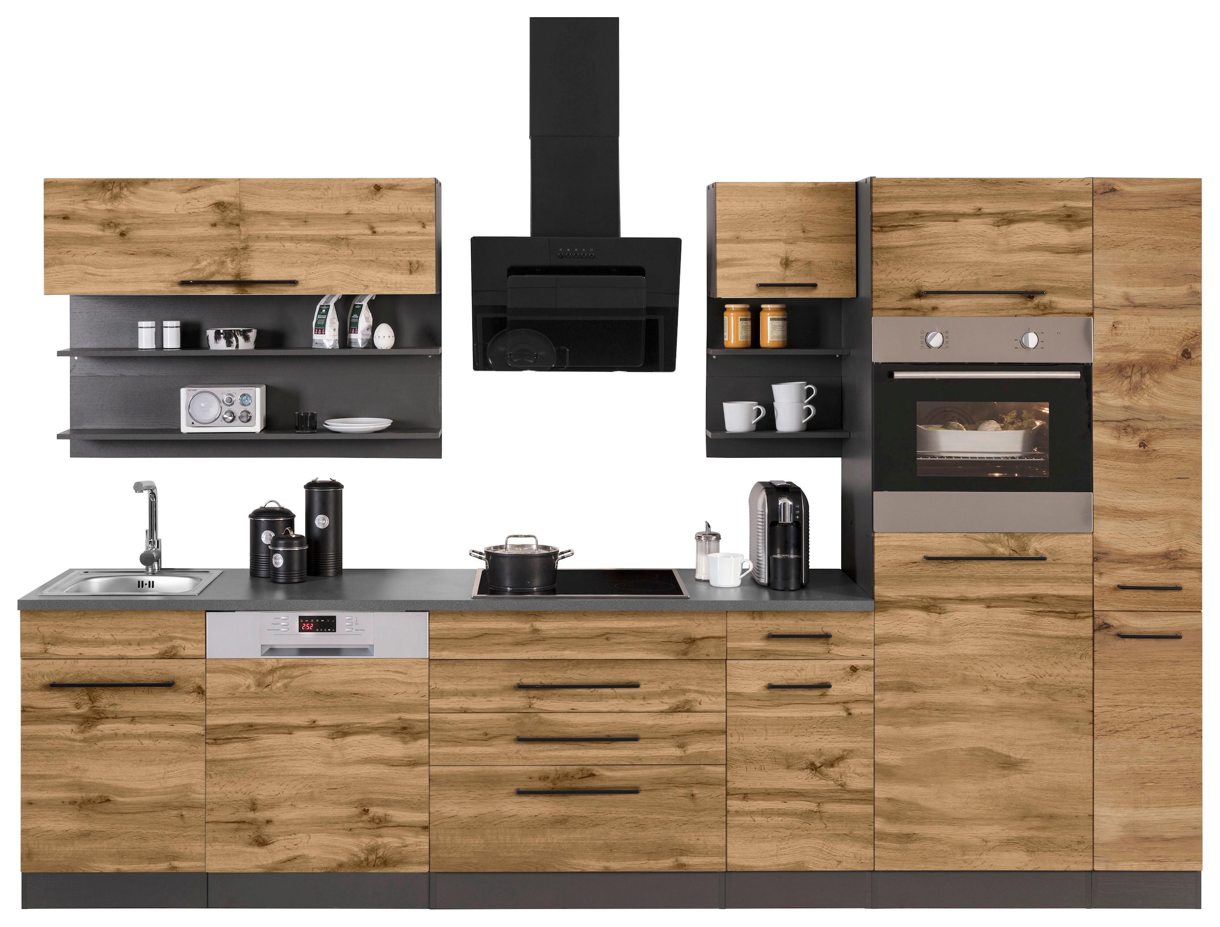 KOCHSTATION Küchenzeile »KS-Tulsa« mit E-Geräten, Breite 320 cm, schwarze Metallgriffe, MDF Fronten