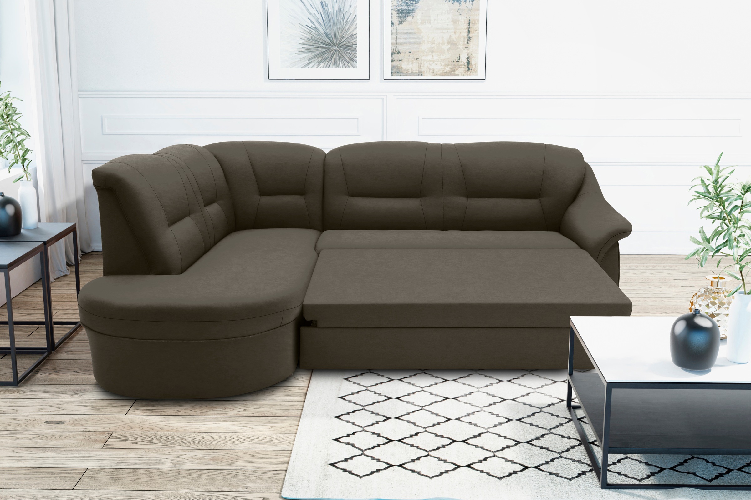 DOMO collection Ecksofa »Faenza für kleine Räume, Stellmaße 232,176cm, komfortabel, L-Form«, mit Ottomane, zeitlos, elegante Armlehnen, wahlweise mit Bettfunktion