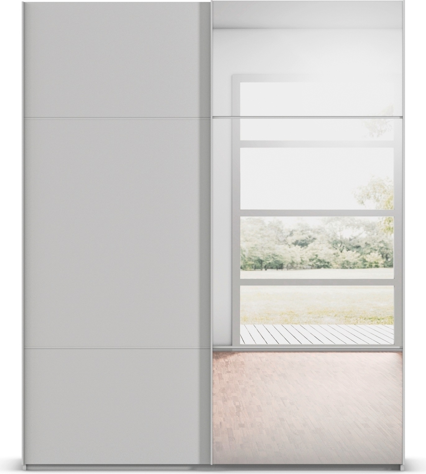 rauch Schwebetürenschrank »Kleiderschrank Schrank Garderobe Schlafzimmerschrank SCALE-TRIO«, edle dreigeteilte Front mit 2 Zierleisten und Spiegel MADE IN GERMANY
