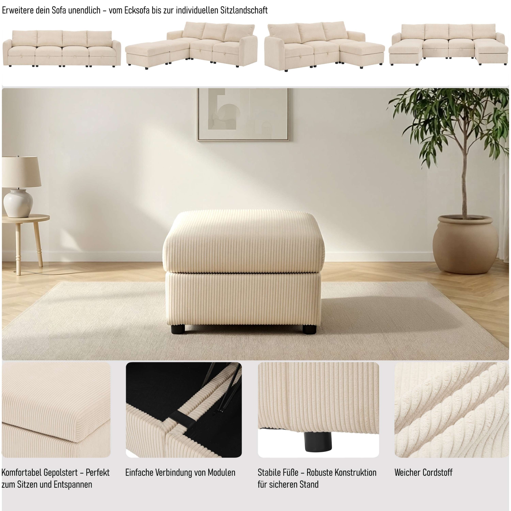 Dorel Home Polsterhocker »STILHUS Sitzhocker passend zur Serie, Breite 65 cm, Cord-Bezug« als Modul oder separat verwendbar - individuell kombinierbar