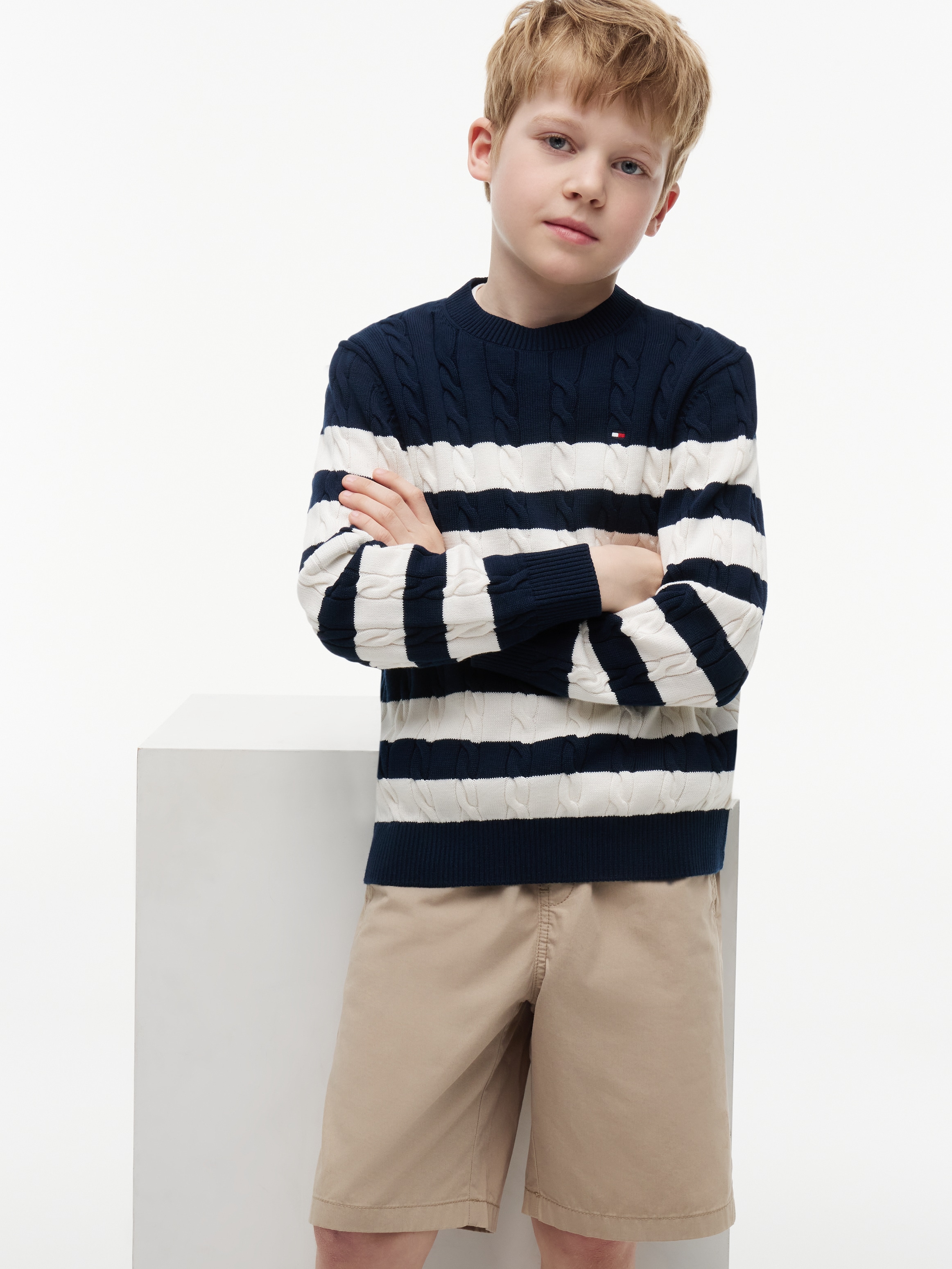 Tommy Hilfiger Strickpullover »COTTON CABLE SWEATER« Rundhalsausschnitt, Regular Fit, Kinder bis 16 Jahre
