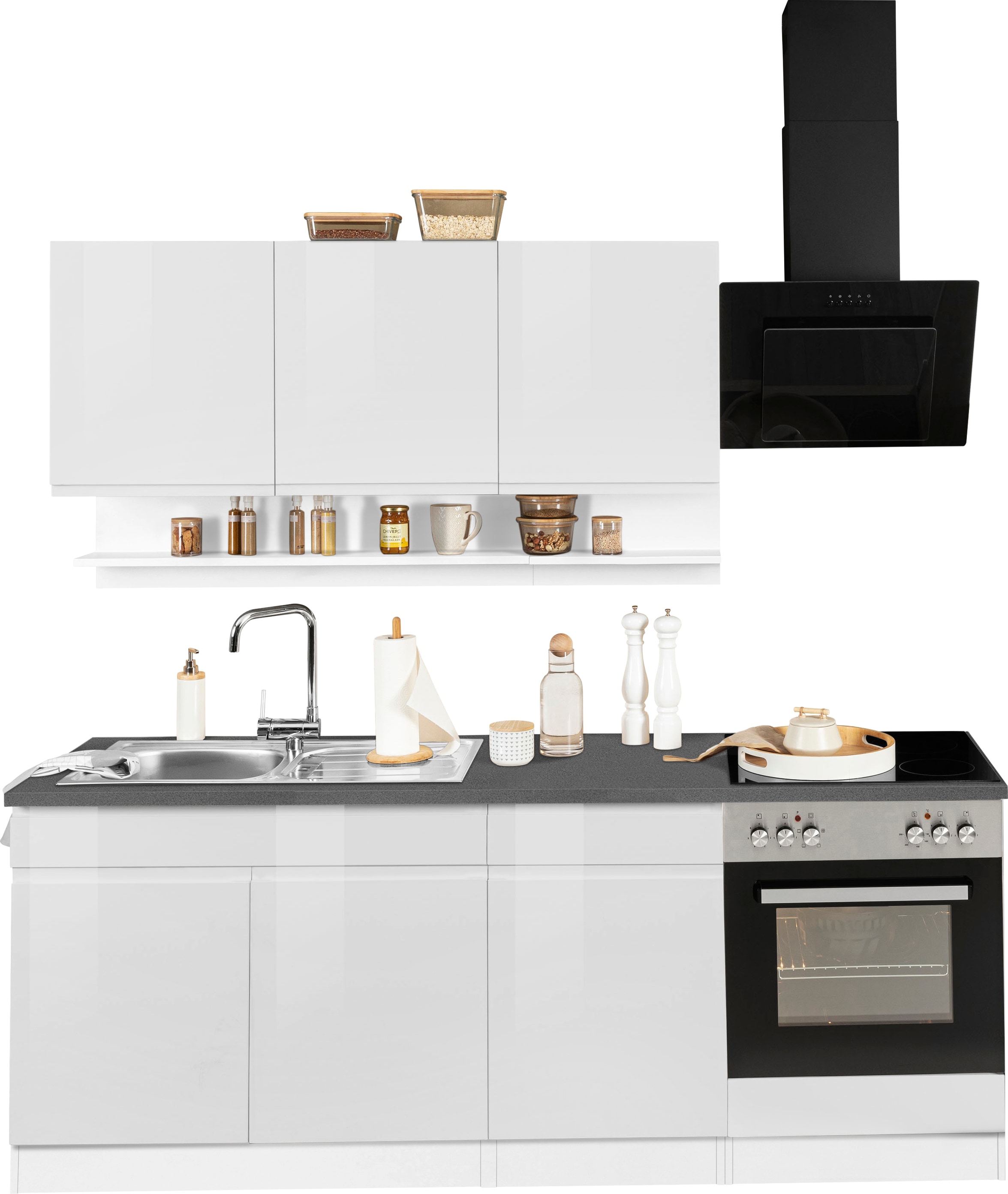 KOCHSTATION Küchenzeile "KS-Virginia,neu in verbesserter Ausführung" Arbeitsplatte 38 mm stark, Stauraum, Softclose, Breite 210 cm,Soft-Close,wahlweise mit E-Geräten