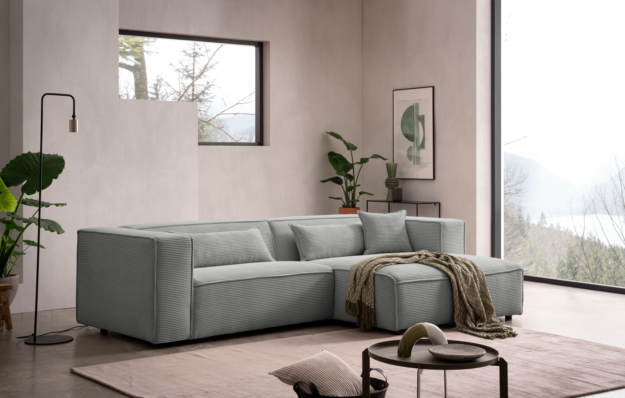 LeGer Home by Lena Gercke Ecksofa »PIARA mit Kedernaht in Cord oder Leinenoptik, moderne Couch in L-Form«, wahlweise Ottomane rechts/links, schwarze Füße, bequemer Sitzkomfort