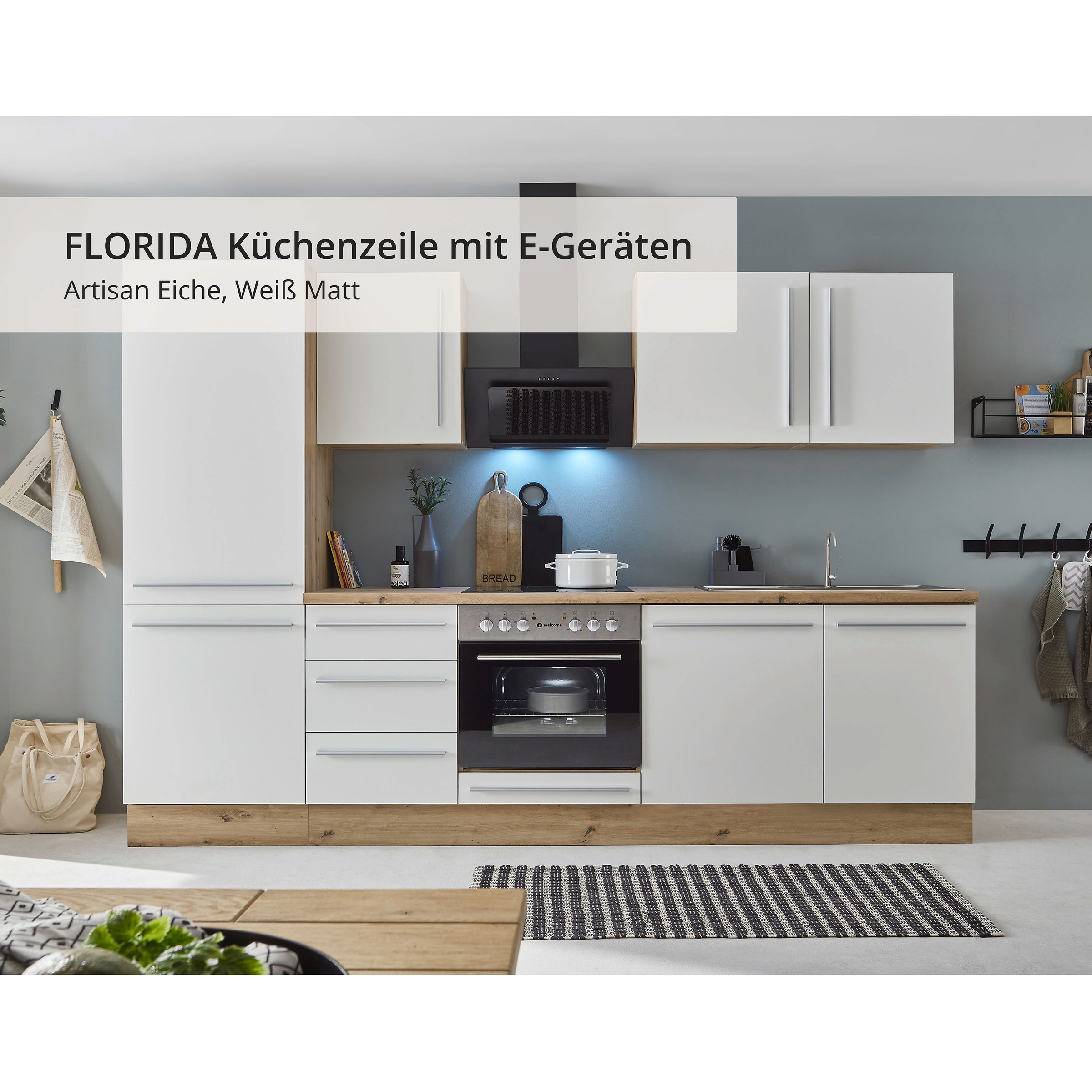 KOCHSTATION Küchenzeile »KS-Florida mit 38mm starker Arbeitsplatte«, Breite 280 cm, wahlweise mit E-Geräten, Soft-Close-Funktion