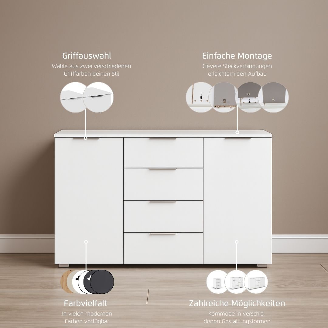 OTTO home Kombikommode »Sideboard Schubladenkommode AGORDO mit Dekor- oder Hochglanzfront« in zwei Griff-Farben, Breite 120 cm,  vier große Schubladen, mit insgesamt 4 Einlegeböden MADE IN GERMANY