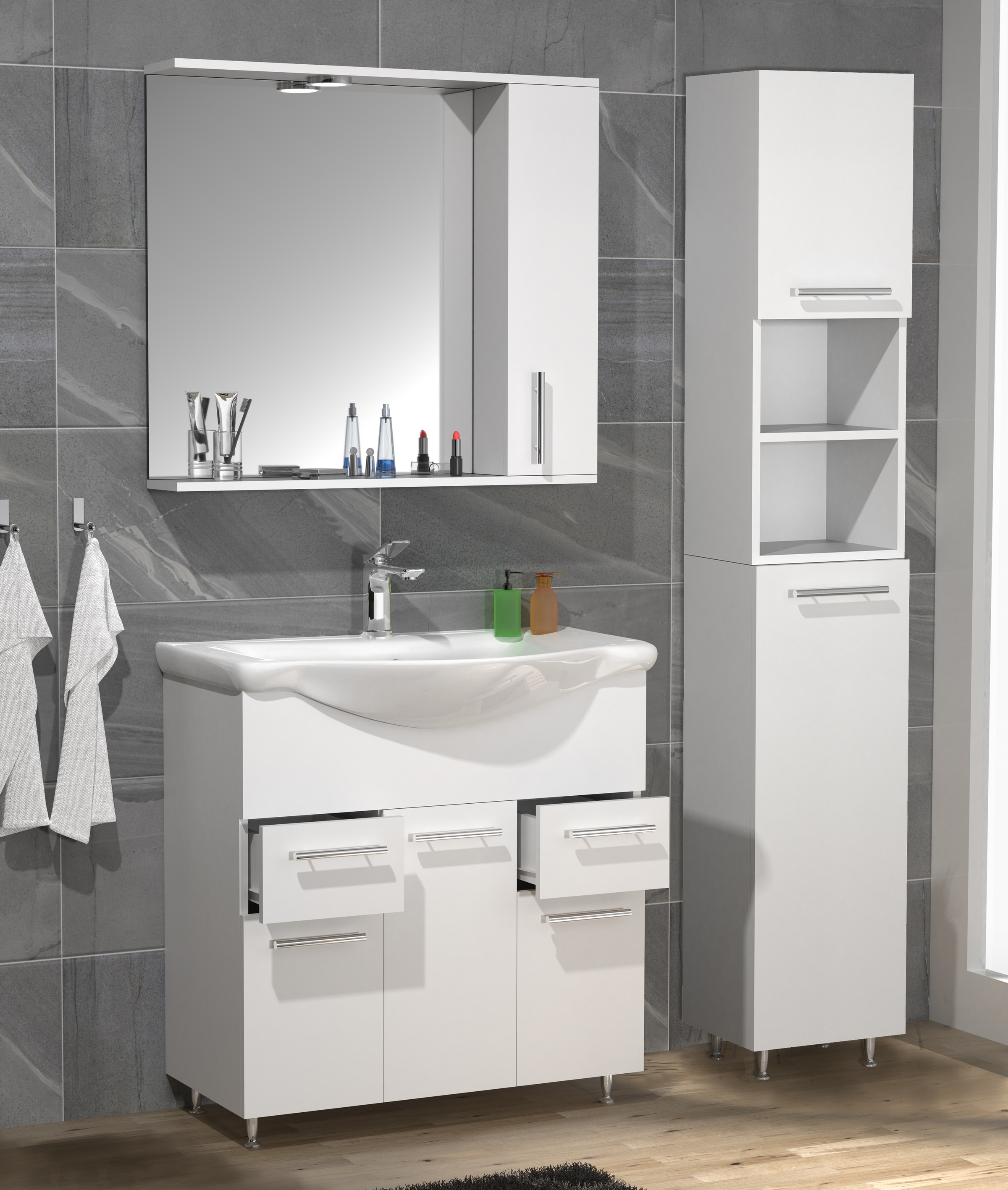 VCM Waschbeckenunterschrank »VCM 4-tlg. Waschplatz Waschtisch Badmöbel Set Waschbecken Schubladen Drehtüren Spiegelschrank Hochschrank Lisalo XL«, (4 St.)
