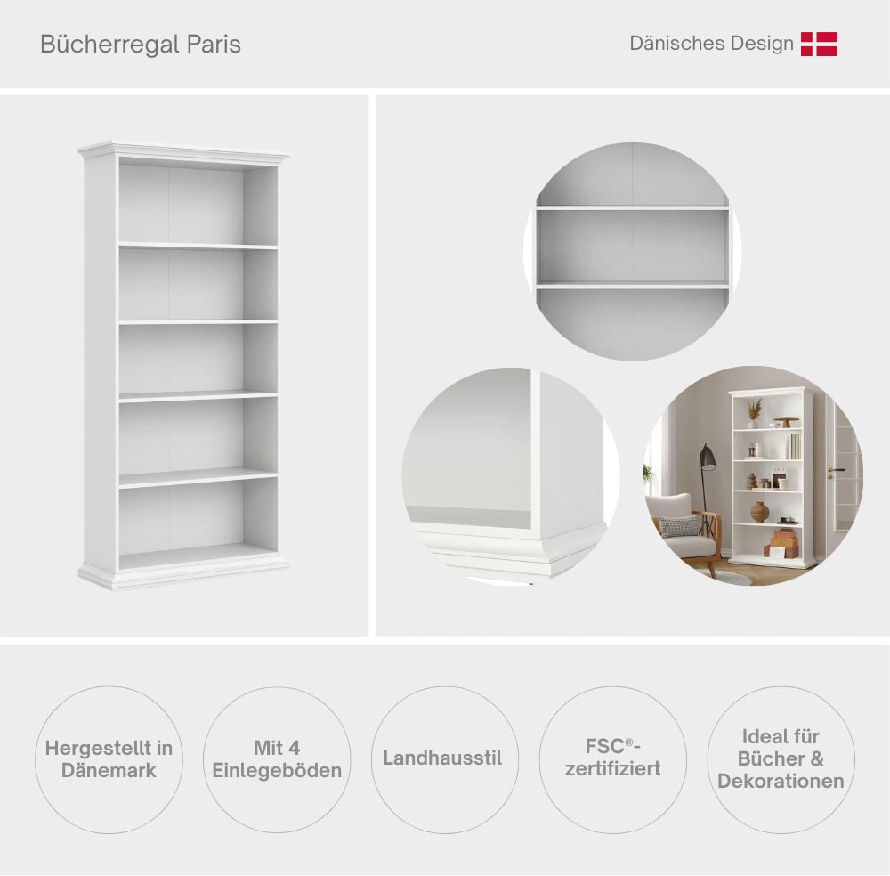 Home affaire Bücherregal »Paris, Regal, Standregal, Stauraumregal, Ablageregal, Multifunktional« Staurum, mit 4 Einlegböden, viel Stauraum, Kranzleiste, Höhe 200 cm