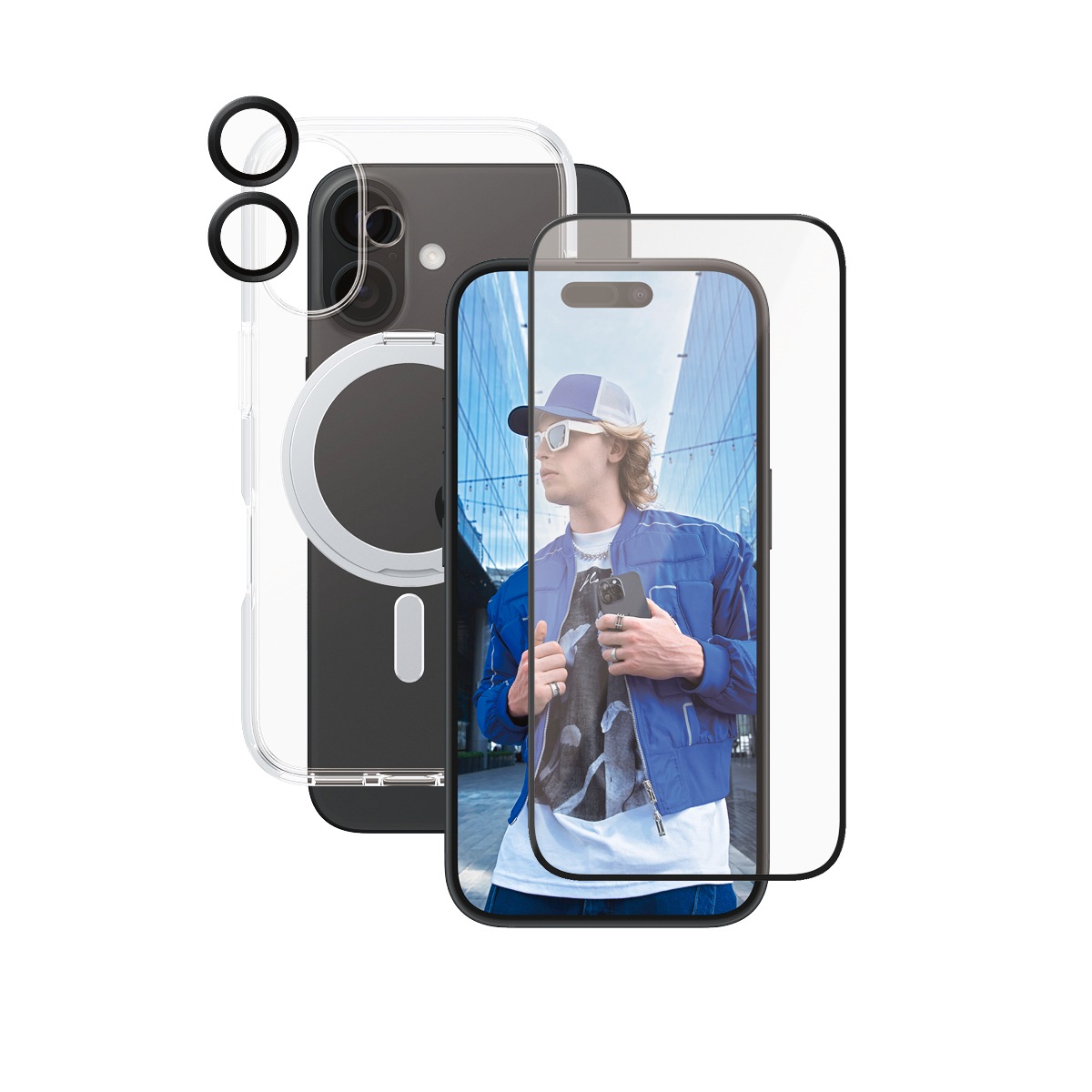 CARE by PanzerGlass Displayschutzglas »3-in-1 Protection, Ceramic Glass, Kickstand Case, Lens Cover«, für Apple iPhone 16, Displayschutzfolie, Schutzfolie, Bildschirmschutz, kratz- & stoßfest