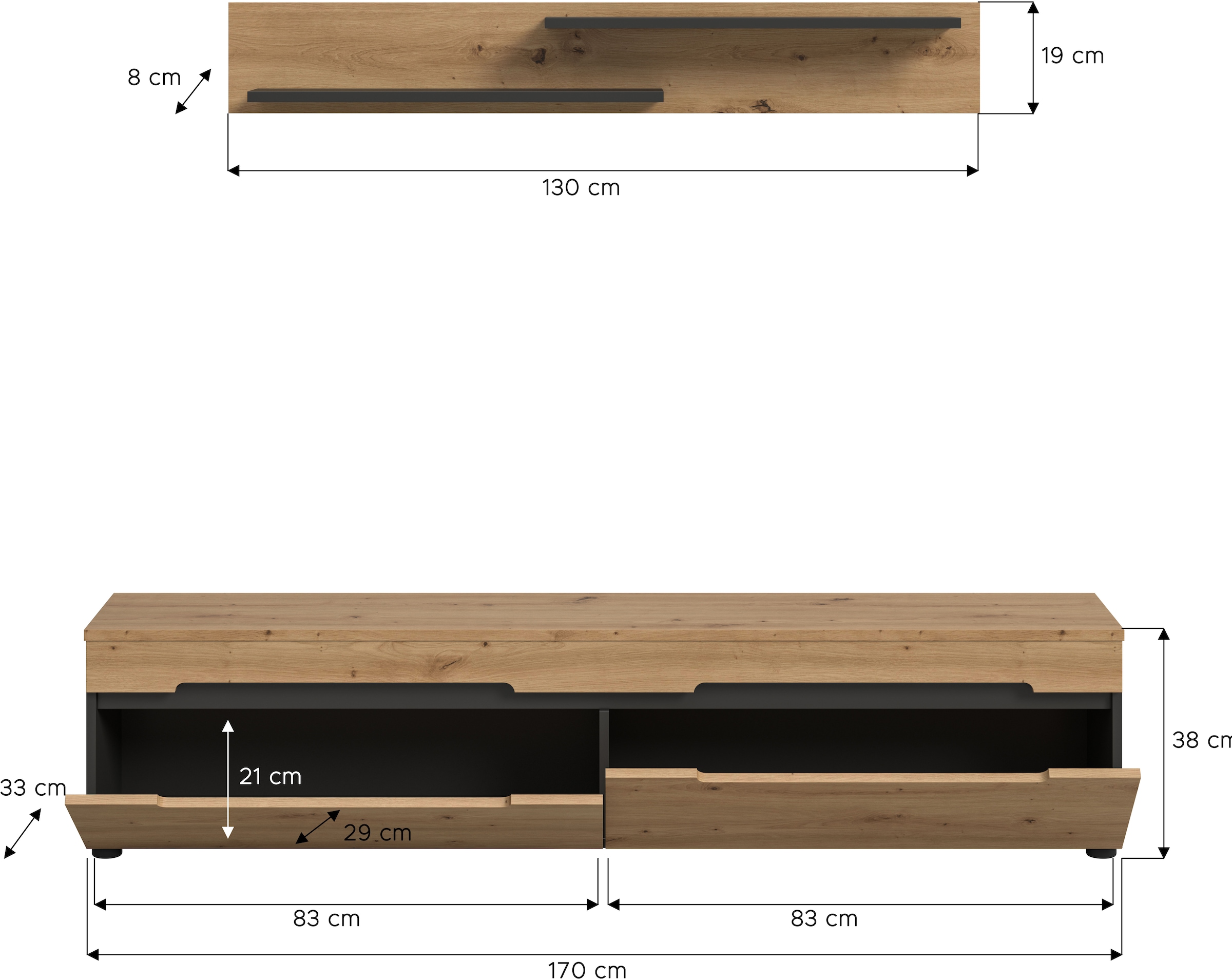 Home affaire Wohnwand »REHAT, TOPSELLER!, 2-teilig, wahlweise stehend und hängend montierbar« Set bestehend aus: Wandboard (13x19x8 cm) und Lowboard (170x38x33 cm), 2 Stk. tlg.