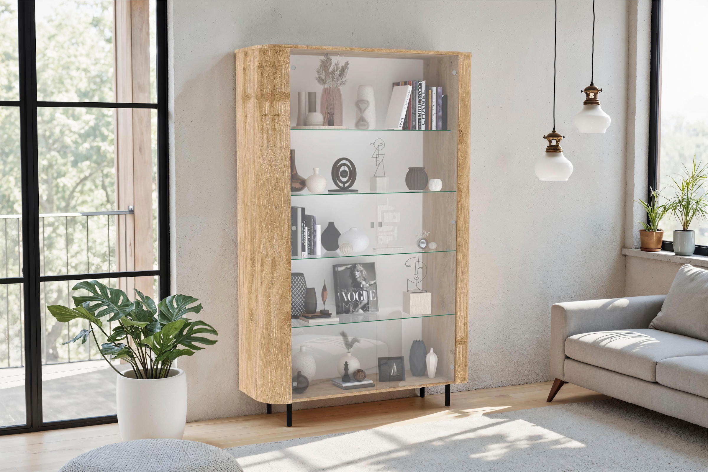 Home affaire Vitrine »Murano, Standvitrine H 200 cm, B 131 cm, 2 Türen, Vitrinenschrank« Formgebogenes MDF, Stirnseiten mit Rundung, Metallfüße, stilvoll