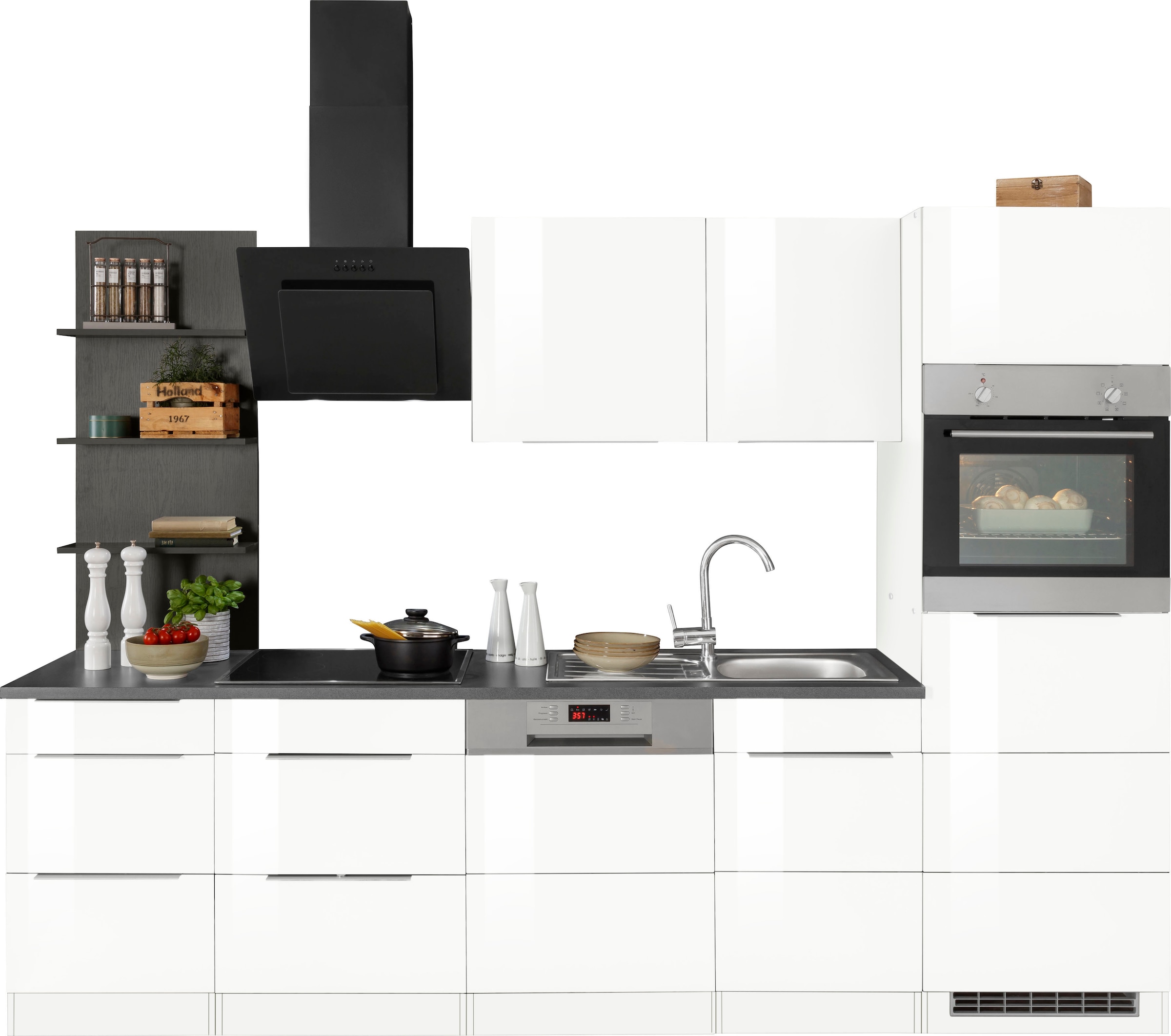 KOCHSTATION Küchenzeile "KS-Brindisi Breite 280 cm" wahlweise mit E-Geräten und Induktion, mit MDF-Fronten und Regal