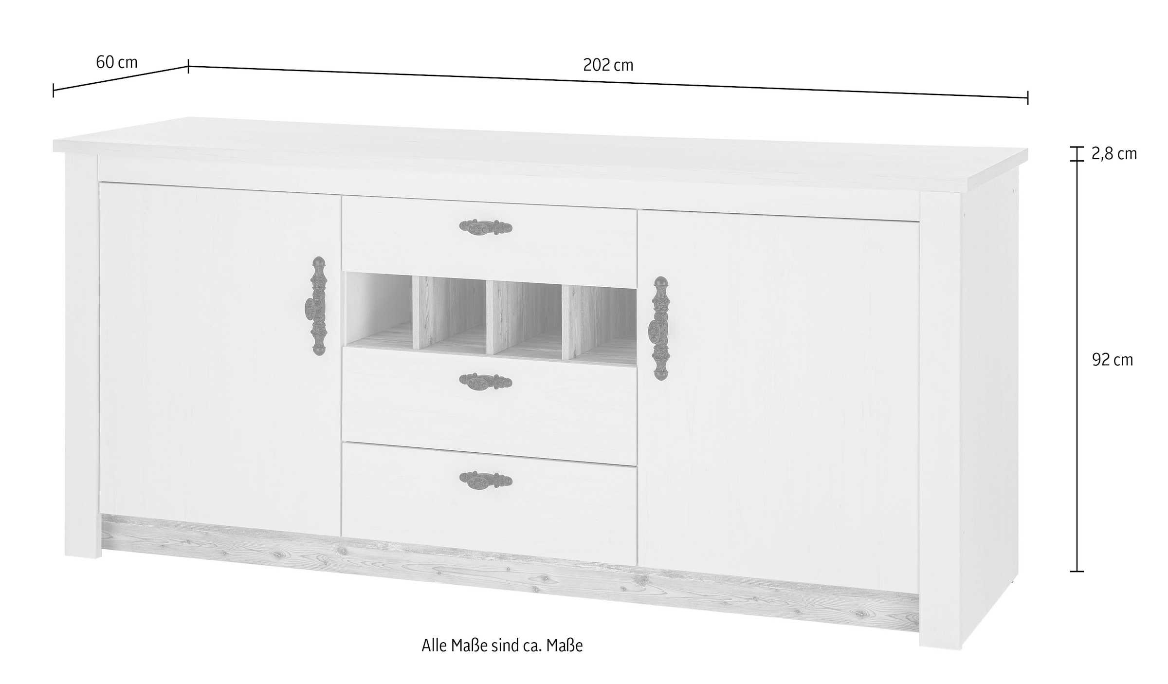 Home affaire Unterschrank »Florenz, Küchenunterschrank in Pinie Weiß, Unterschrank«, mit verschnörkeltem Metallgriff, im Landhausstil, Arbeitshöhe 92 cm