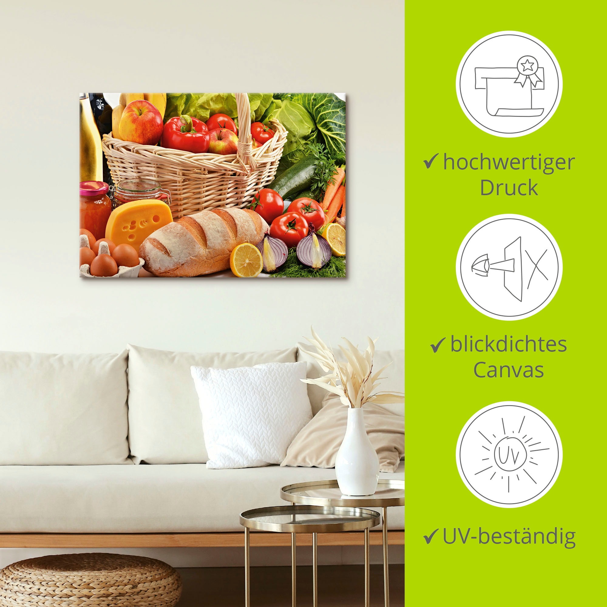 Artland Wandbild »Gesund Leben - Obst und Gemüsekorb«, Lebensmittel, (1 St.), als Alubild, Leinwandbild, Wandaufkleber oder Poster in versch. Größen