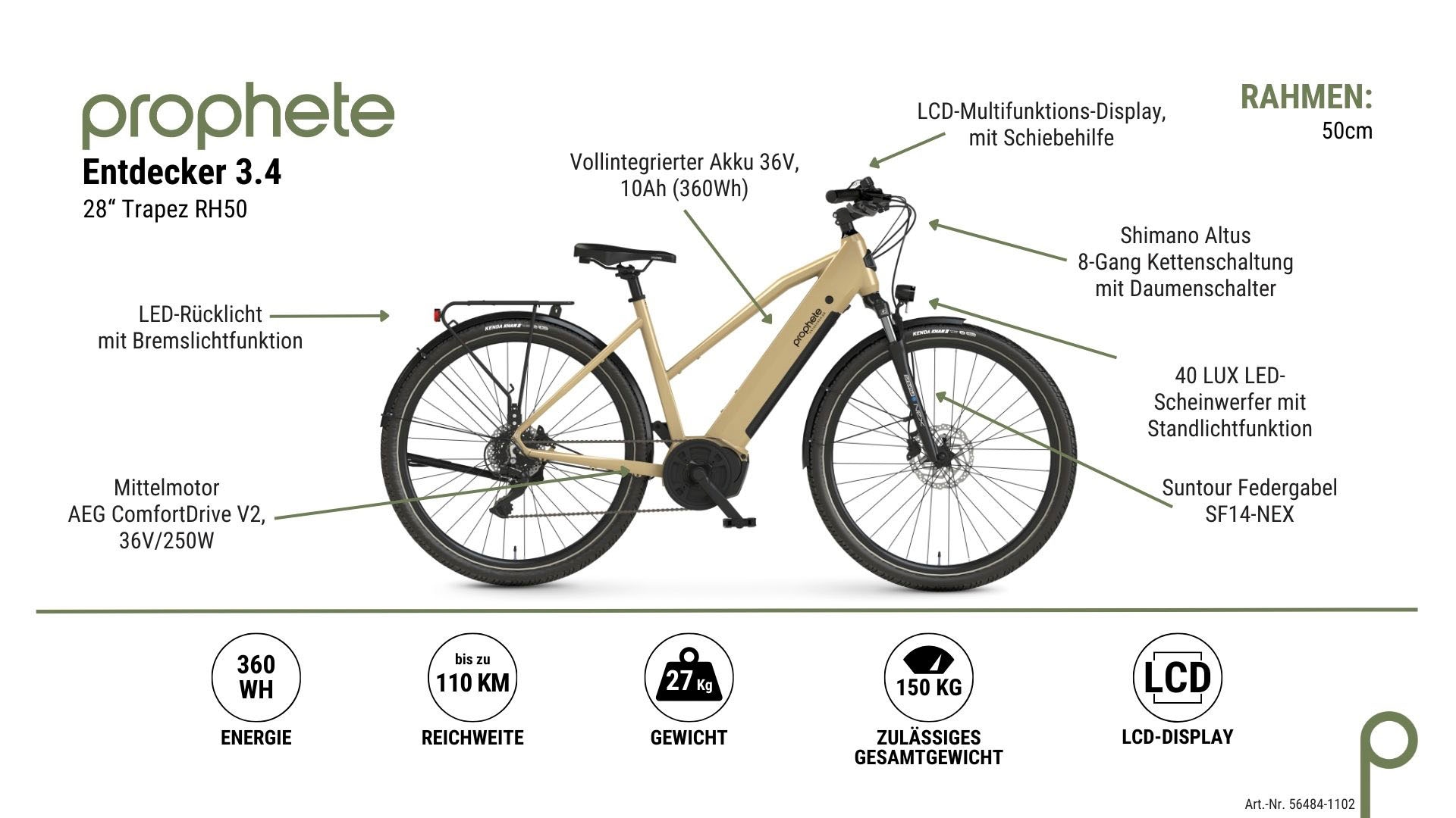 Prophete E-Bike »Entdecker 3.4«, 8 Gang, Shimano, Mittelmotor 250 W, Pedelec, Elektrofahrrad für Damen