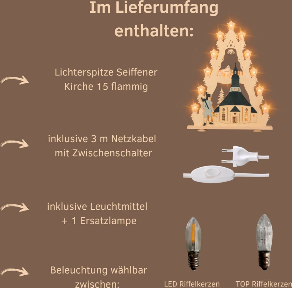 Weigla Lichterbogen »Seiffener Kirche, große Lichterspitze aus Holz,«, Erzgebirge garantiert, Weihnachtsdeko Innen, Weihnachtsbeleuchtung