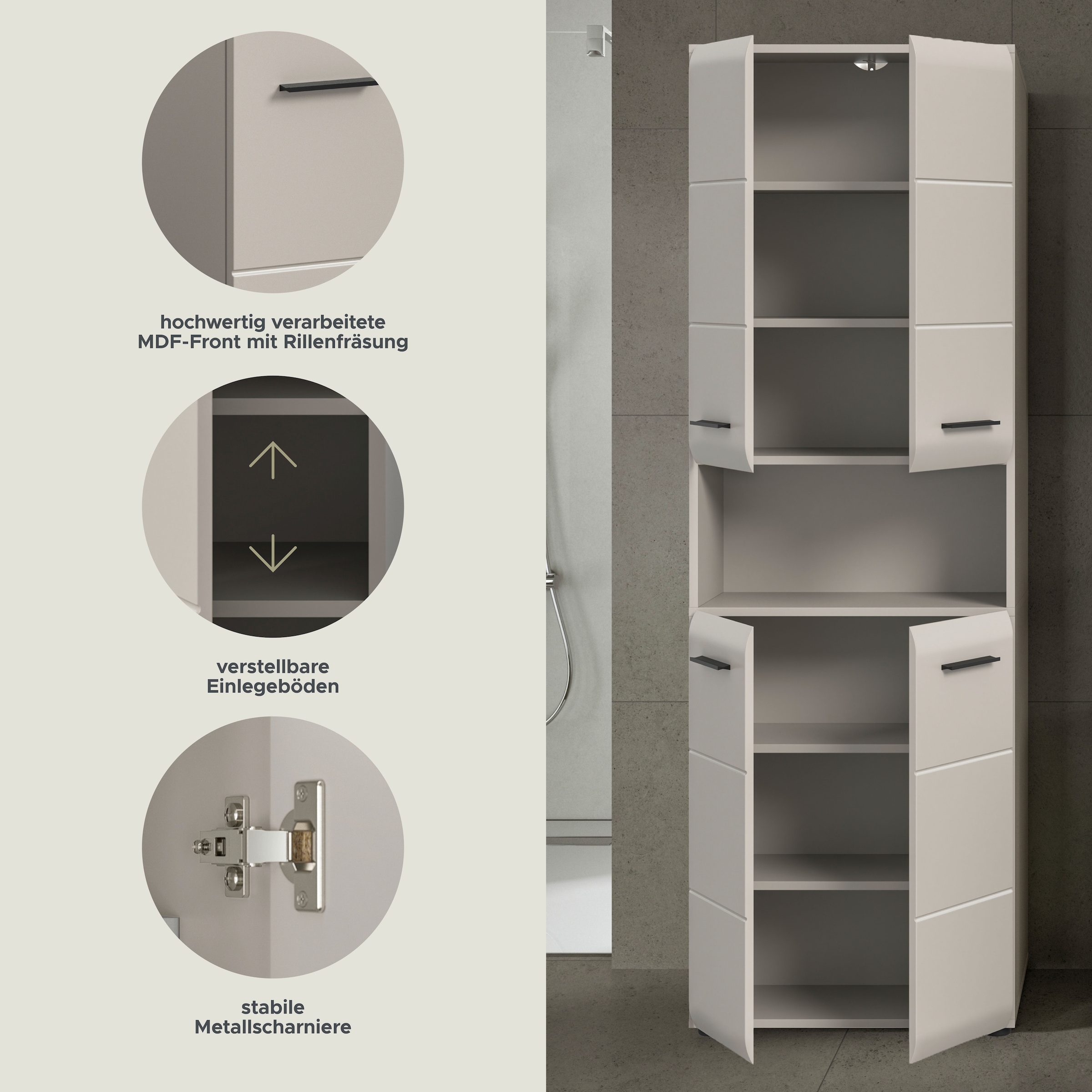 welltime Stauraumschrank »FLORENZ, TOPSELLER!, Höhe 185 cm, 4 oder 6 Türen, viel Stauraum« TOPSELLER!, 1 Stk. tlg. hochwertige MDF Front, Griff schwarz, Badschrank, Bad