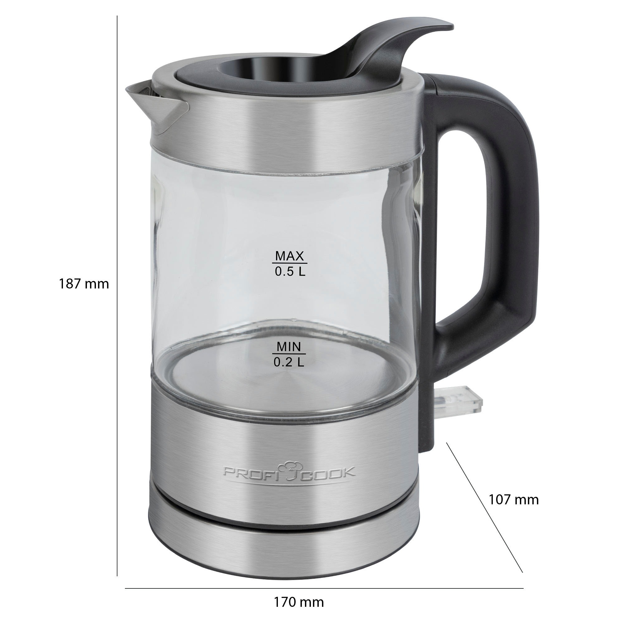 ProfiCook Wasserkocher »PC-WKS 1228 G inox, Glas, 360°«, 0,5 l, 1100 W