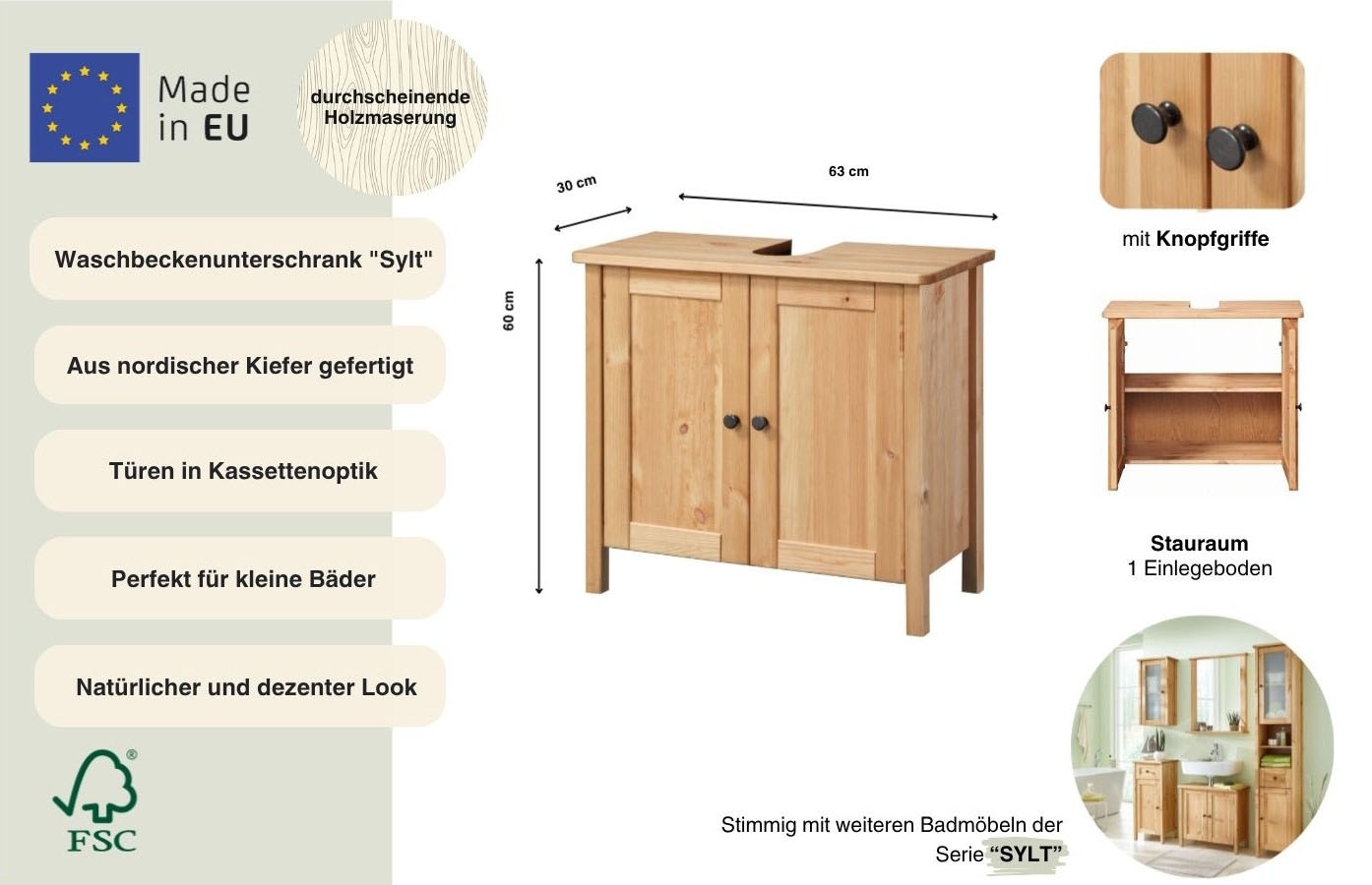 welltime Waschbeckenunterschrank »Landhaus Sylt, Badschrank, Badmöbel, FSC®-zertifiziert« Badmöbel im Landhaus-Stil, Breite 64 cm, aus Massivholz