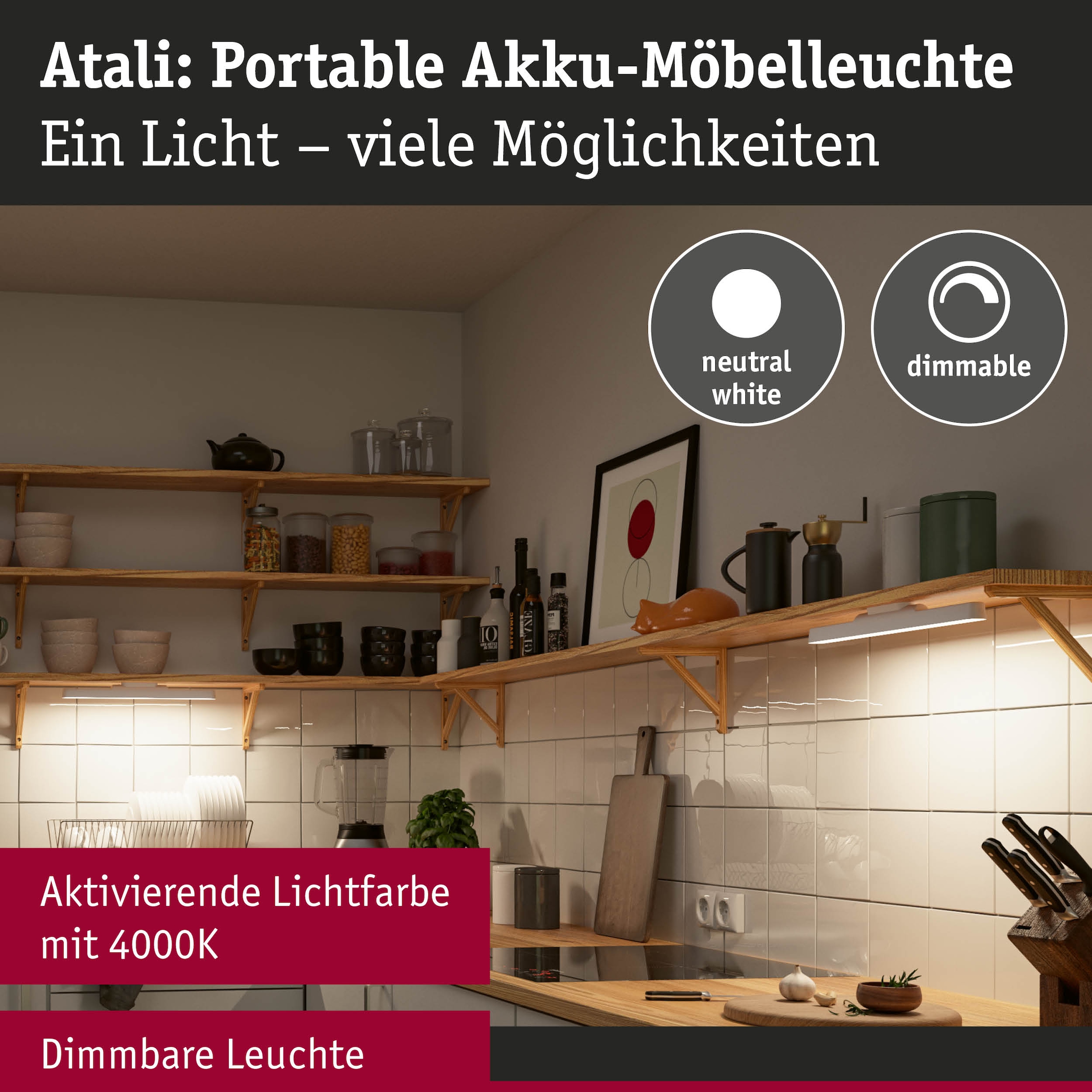 Paulmann Einbauleuchte »Mobile Möbelaufbauleuchte Atali 240lm 4000K« LED-Modul 1 Stk. Neutralweiß Dimmer, Ein-/Ausschalter, USB-Ladefunktion