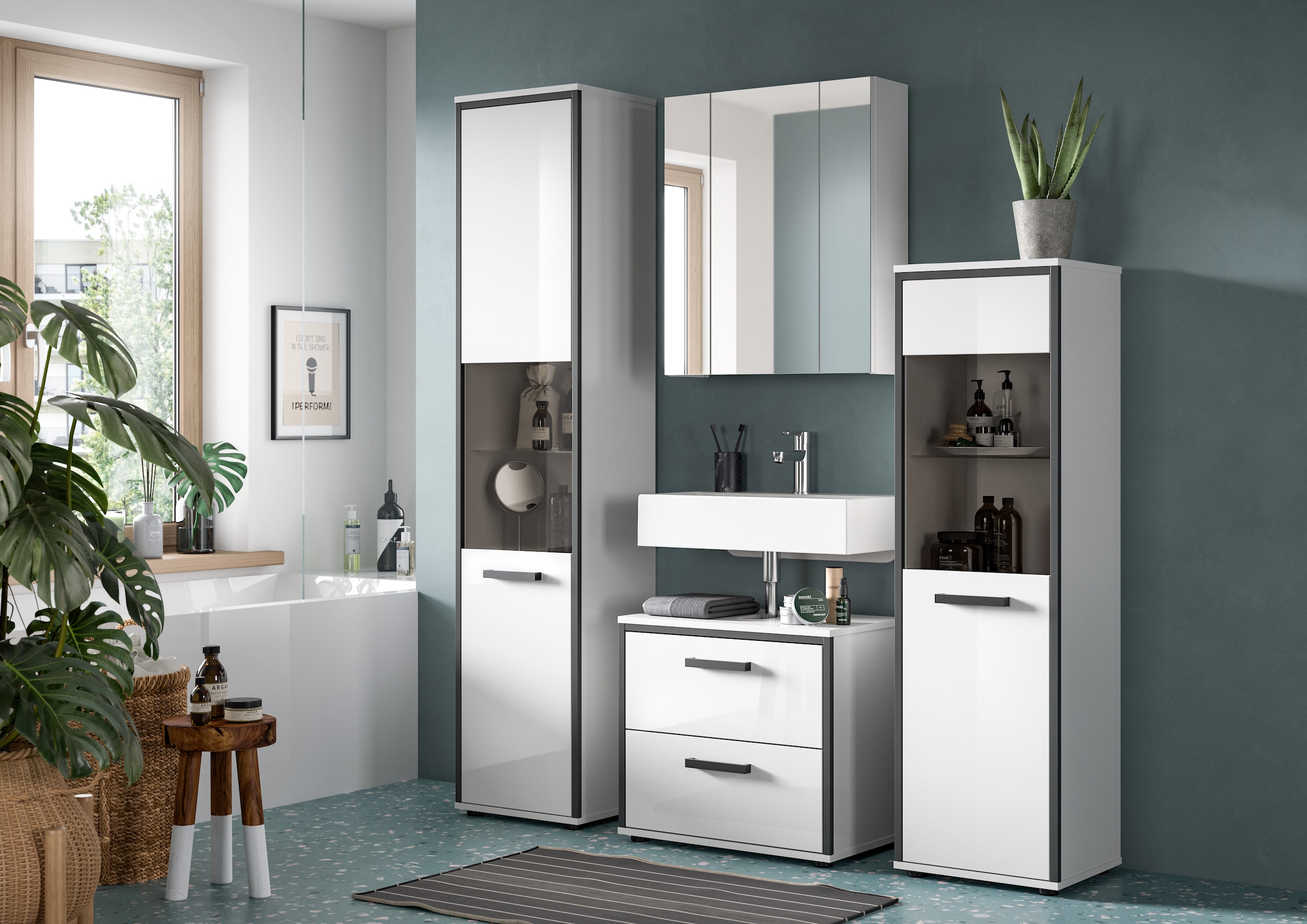 welltime Waschbeckenunterschrank »KAJO, hochglanz Front, 2 Schubladen, Siphonausschnitt« 1 Stk. tlg. Waschbecken, Unterschrank, Bad, Badezimmer, Schrank