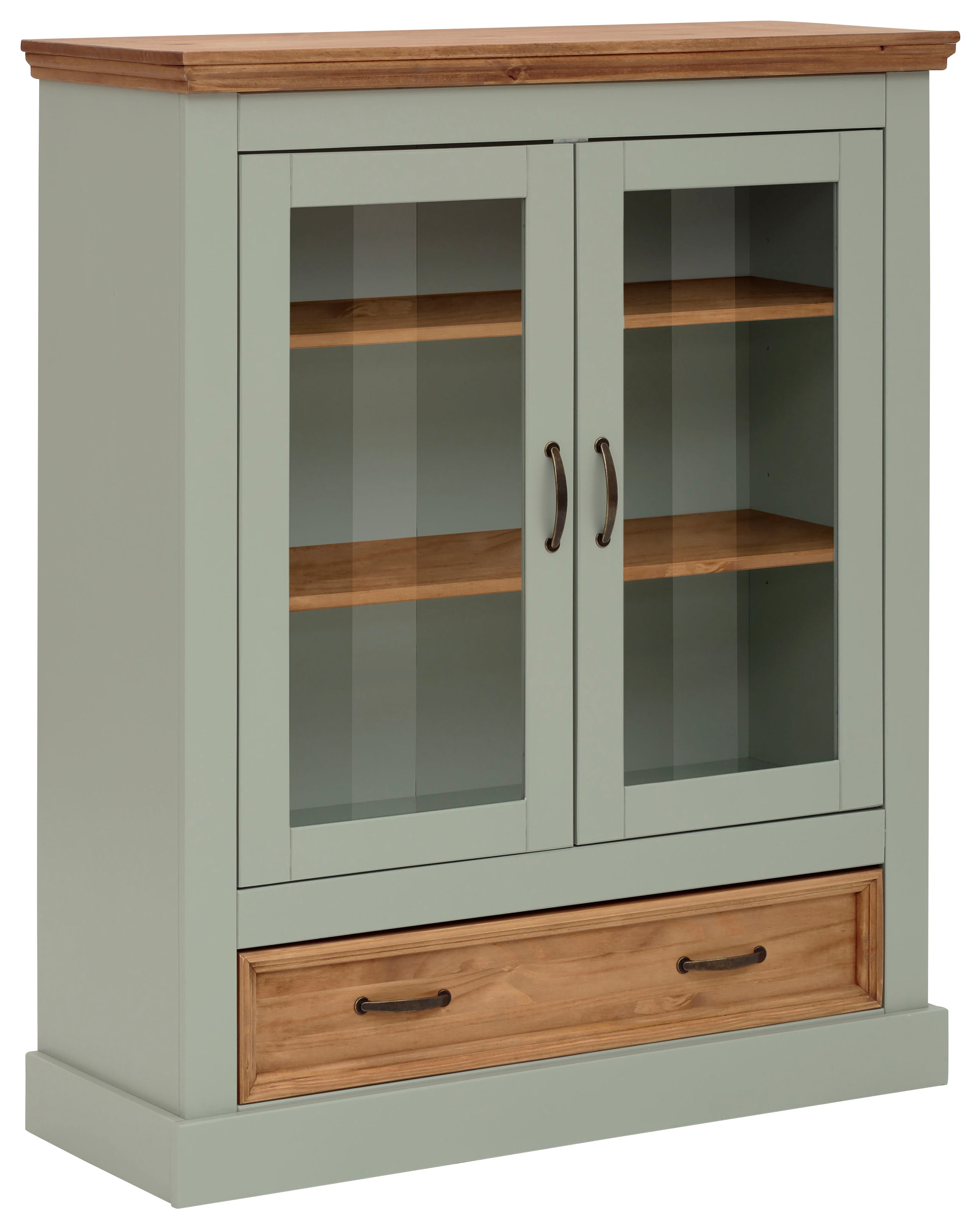 Home affaire Vitrine »Selma Highboard«, aus massivem Kiefernholz, mit Griffen aus antikisiertem Metall