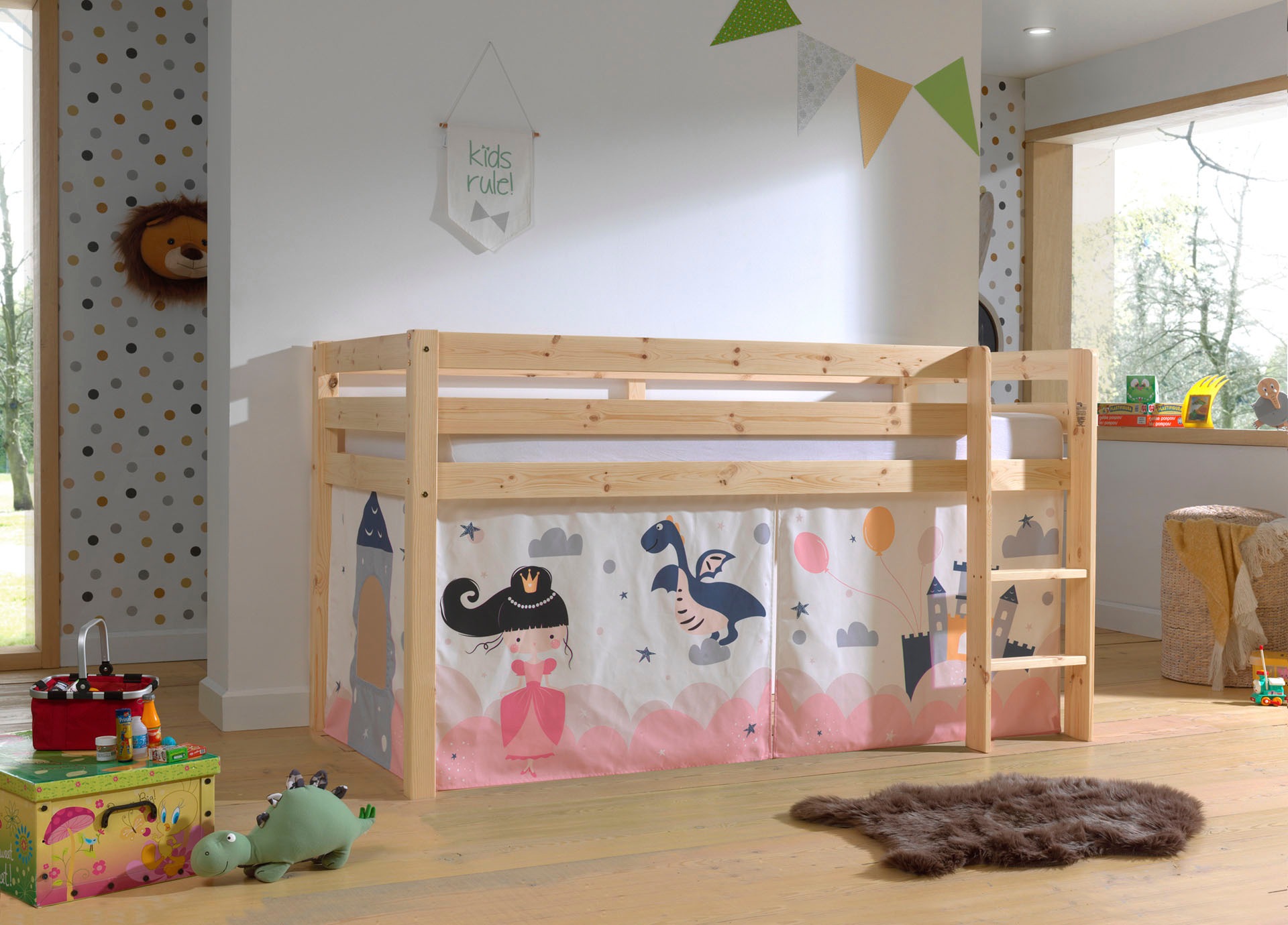 Vipack Spielbett »Pino, Kiefer massiv, mit Rolllattenrost u. Textil-Set, Made in Europe«, (B/H/T ca. 210x114x106cm, mit Leiter und Absturzschutz), verschiedene Textil Dessins, 3 Gestellfarben zur Wahl