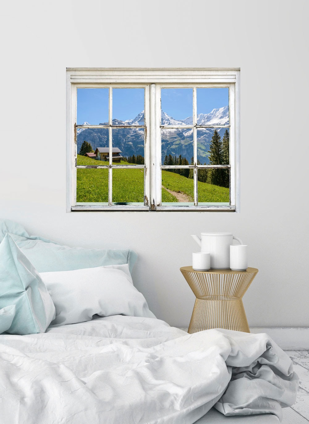 queence Wandsticker »Hütte in den Bergen«, Wandsticker, Wandbild, selbstklebend, 3D, Fenster