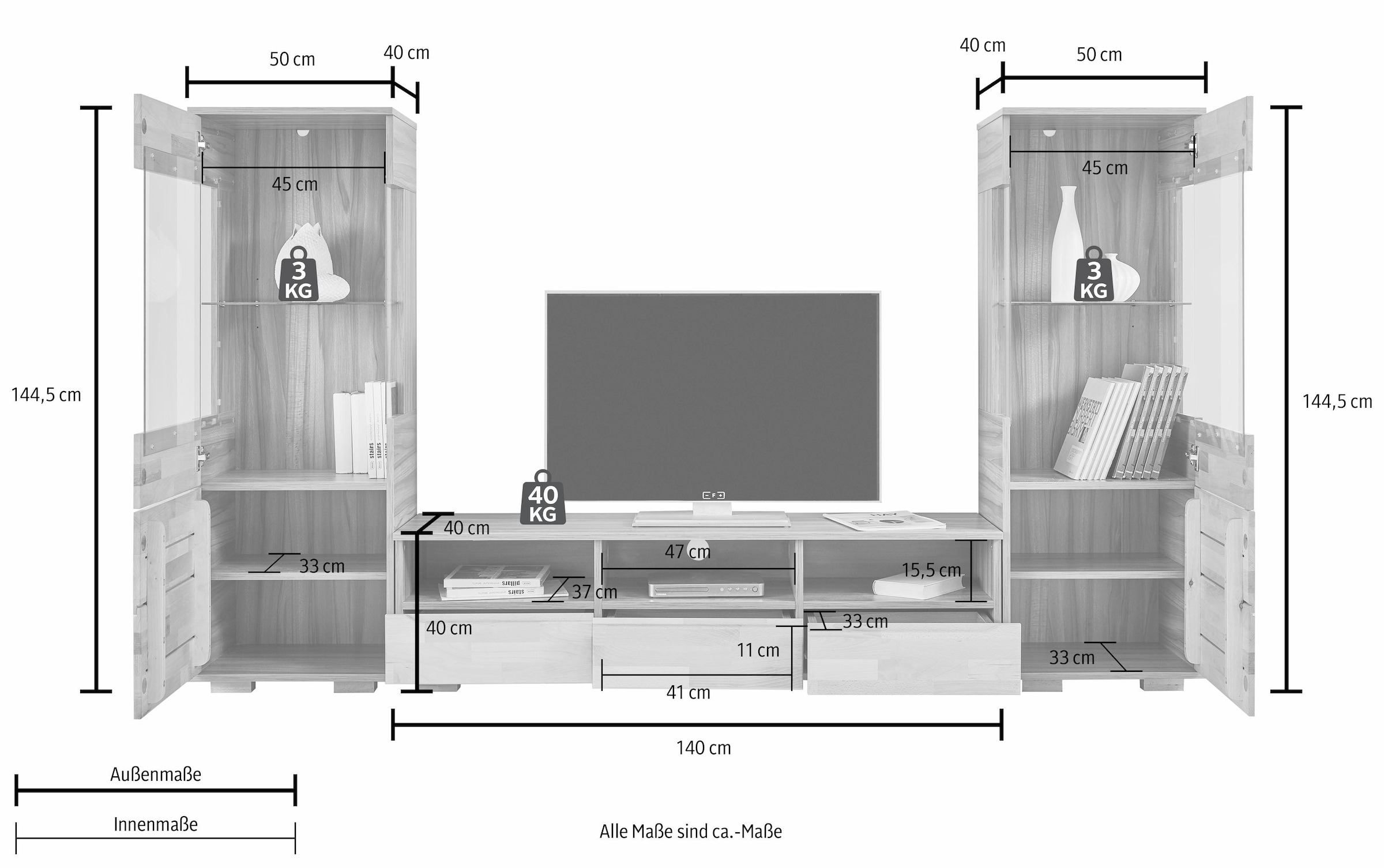 Home affaire Wohnwand »Vetro«, (Set, 3 St.), teilmassives Holz