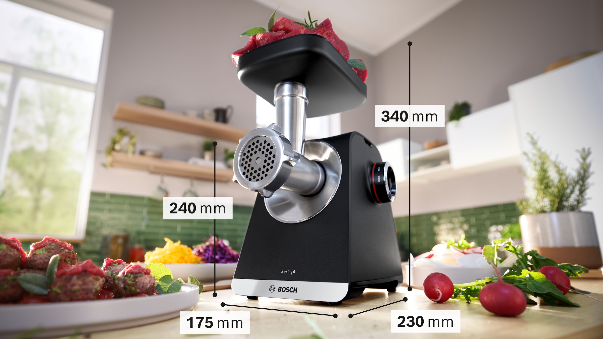 BOSCH Fleischwolf »Serie 6 MFWS650B, 3,5kg/Min., 2 Lochscheiben (3 & 8mm), schwarz«, 500 W, 2 Stufen, Rücklauf, Wurststopfer, 10 J Motorgarantie, Planetengetriebe