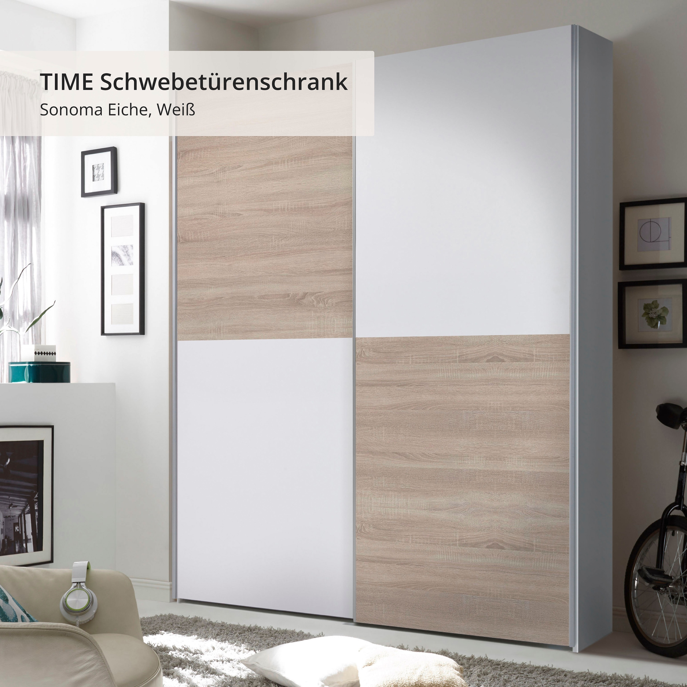 Schlafkontor Schwebetürenschrank »Time Schrank, Kleiderschrank mit Schiebetüren«, 4 Türelemente als Schachbrettoptik