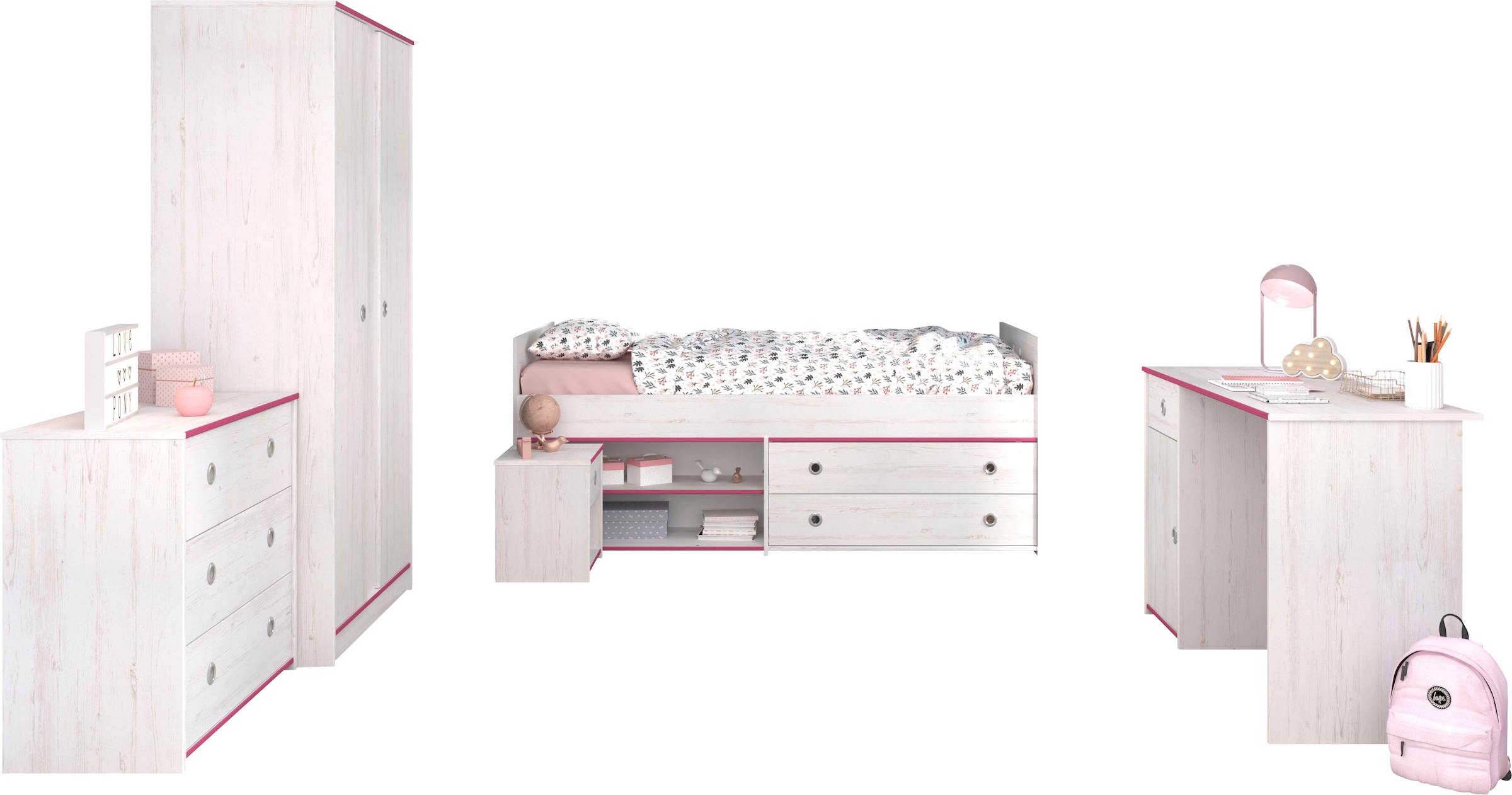 Jugendzimmer-Set »Smoozy«, (Set, 5 St., Stauraumbett, Nachttisch, Kleiderschrank,...