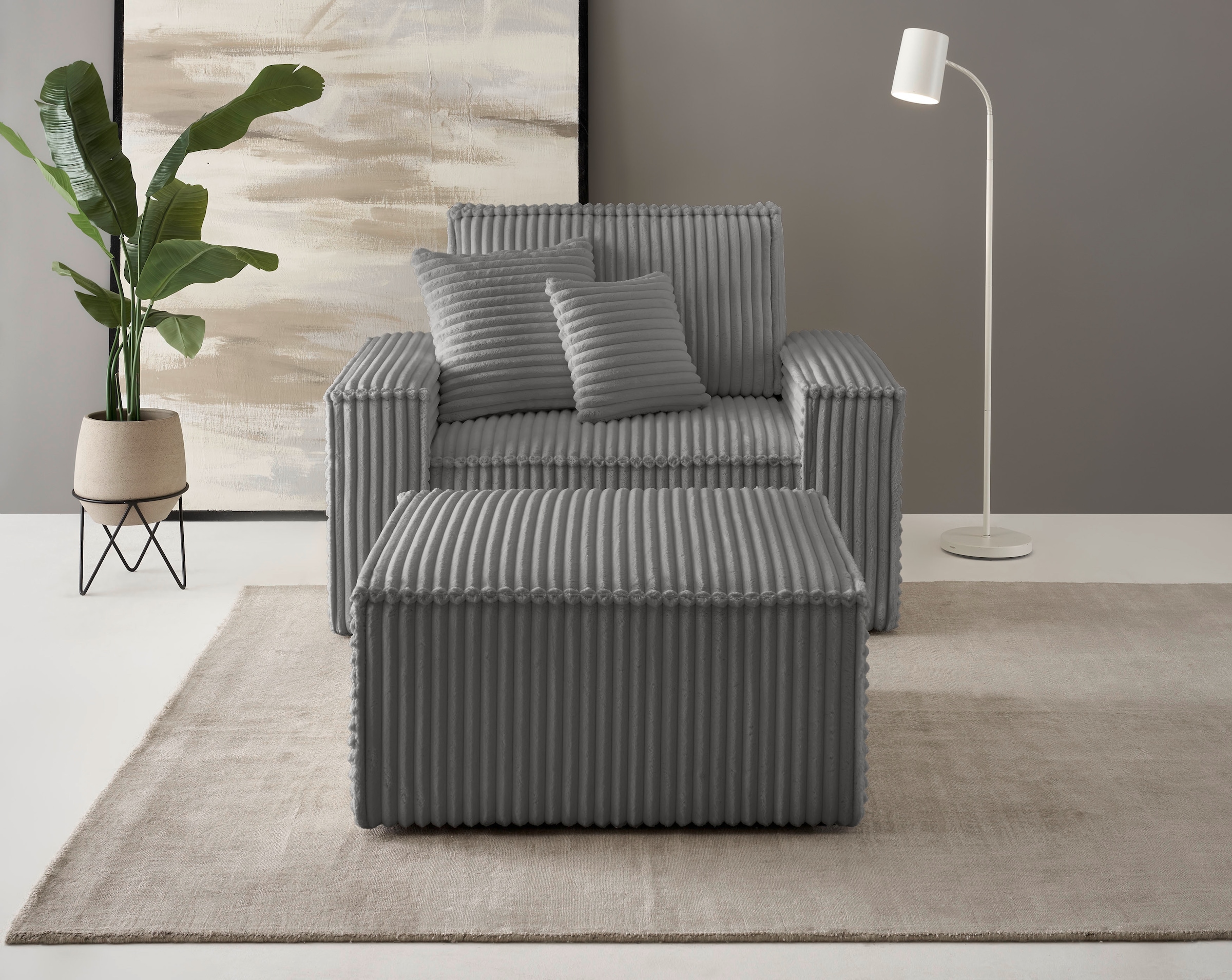 OTTO home Loveseat »FINNLEY, Loveseat & Hocker im Set, trendige Stoffe, inkl. Zierkissen« 2 Stk. tlg. verfügbar in den Stoffqualitäten Bouclé, Struktur fein und Mega Cord