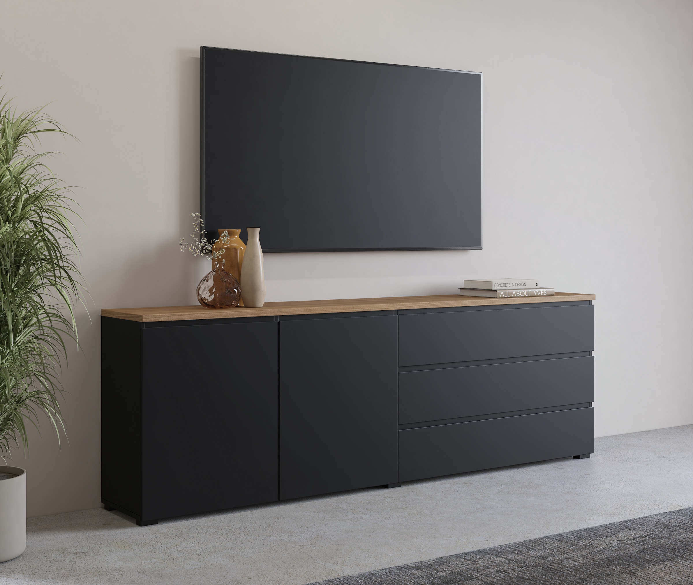 OTTO home Sideboard »Modo, Breite 200 cm, moderne grifflose Kommode 2Türen/3 SK« Schubladenkommode mit viel Stauraum, Einlegeböden verstellbar