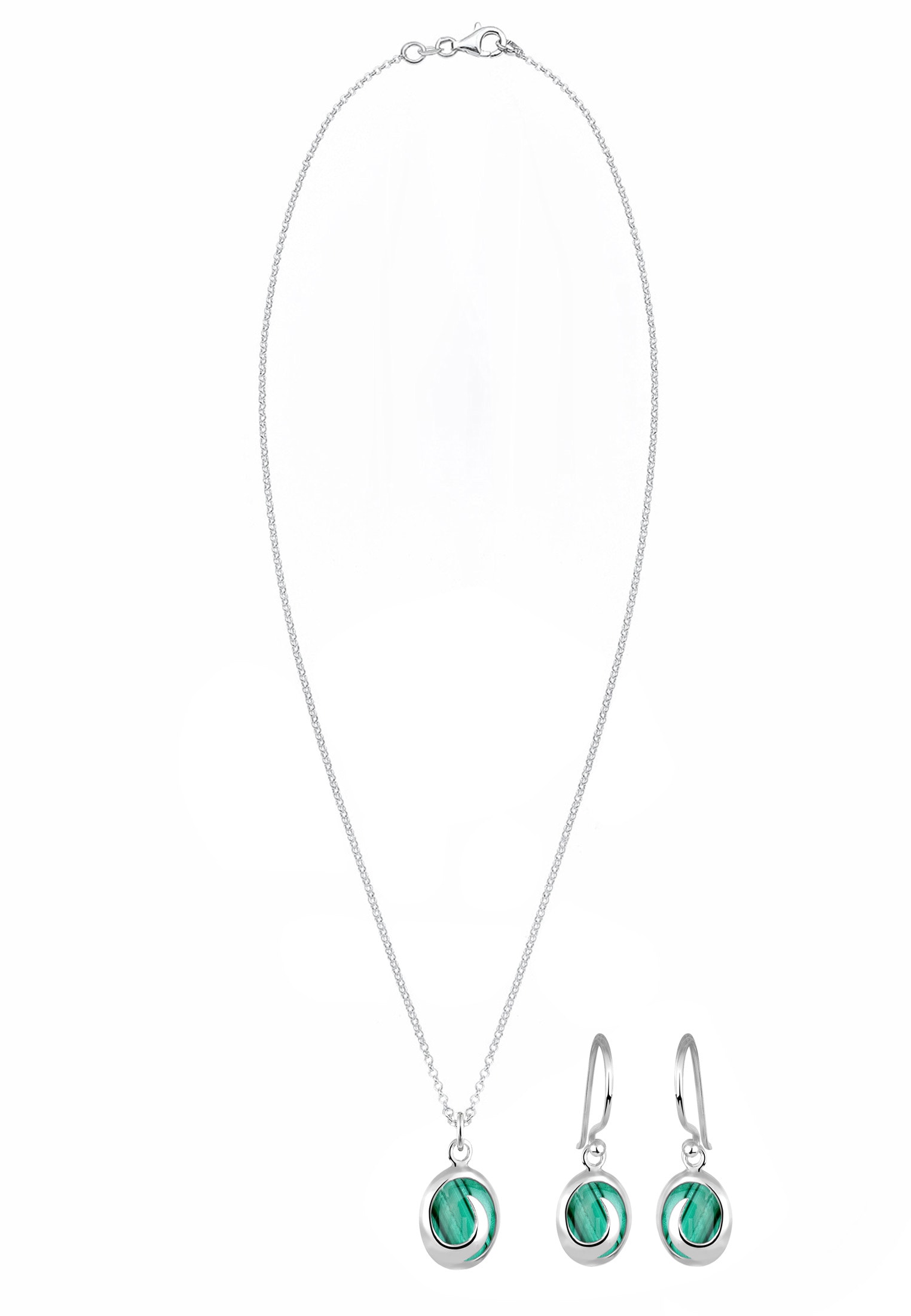 Elli Ohrring und Ketten Set »Schmuckset Oval mit Malachit Edelstein in Grün 925 Silber« ()