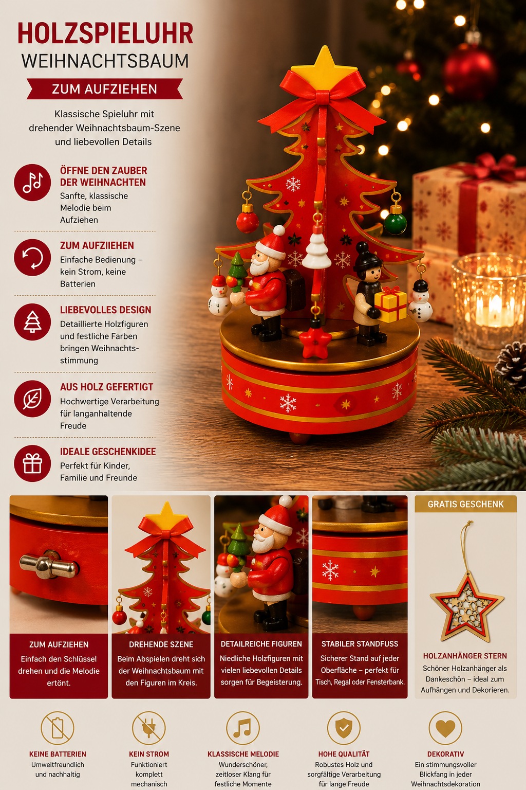 OTTO home Spieluhr »Spieluhr« Weihnachtsbaum aus Holz , Aufziehschlüssel, festliche Melodie