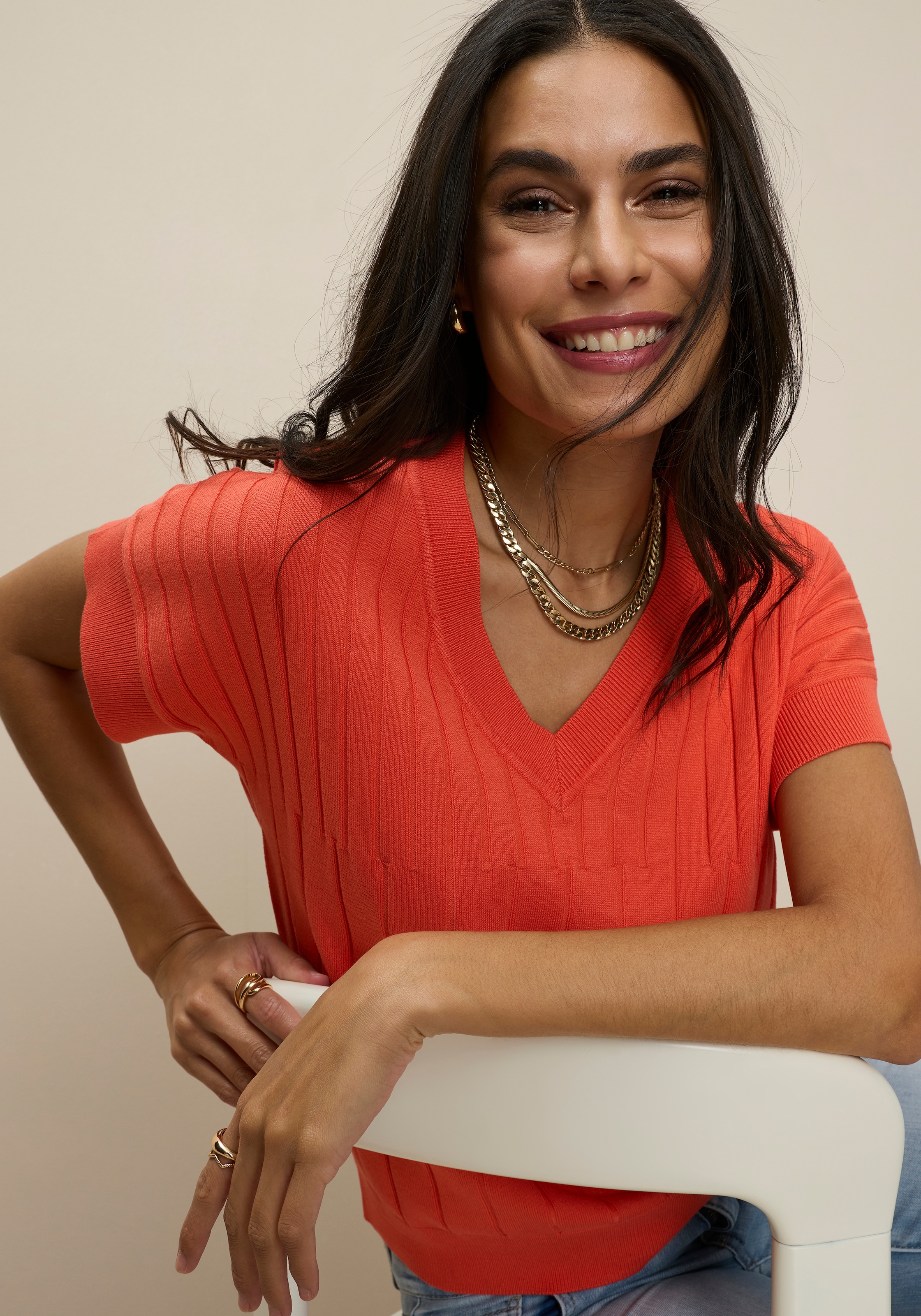 Tamaris Kurzarmpullover mit Streifenstruktur und lässigem Schnitt