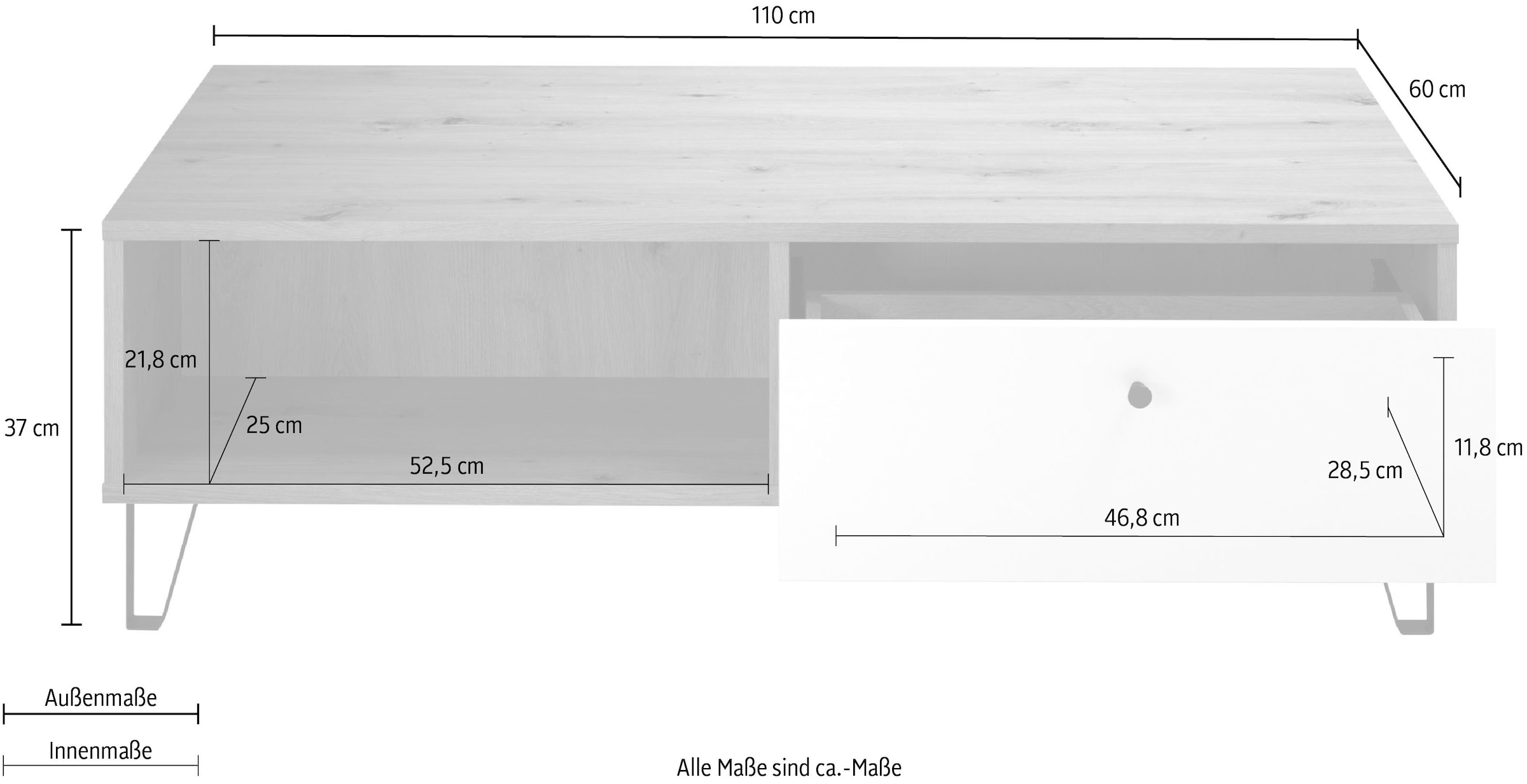 Home affaire Couchtisch »Tarragona« Couchtisch m. 2 Schub.K, 2 Fächern & Soft-Close - (B/T/H) 110/60/37 cm
