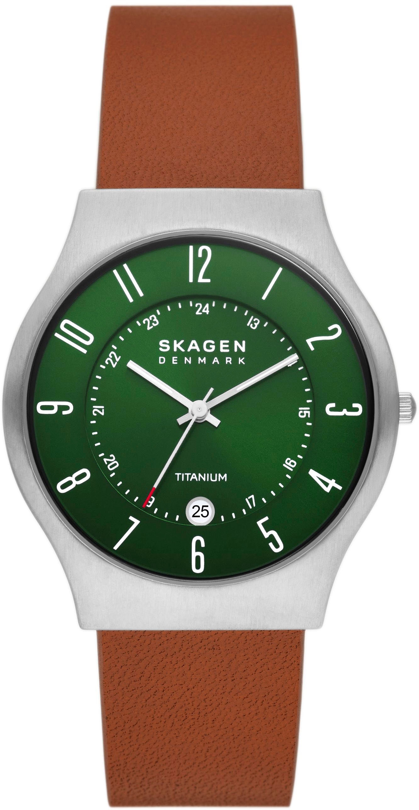 Skagen Quarzuhr »SUNDBY«, Armbanduhr, Herrenuhr, Damenuhr, Datum, Titan, Lederarmband