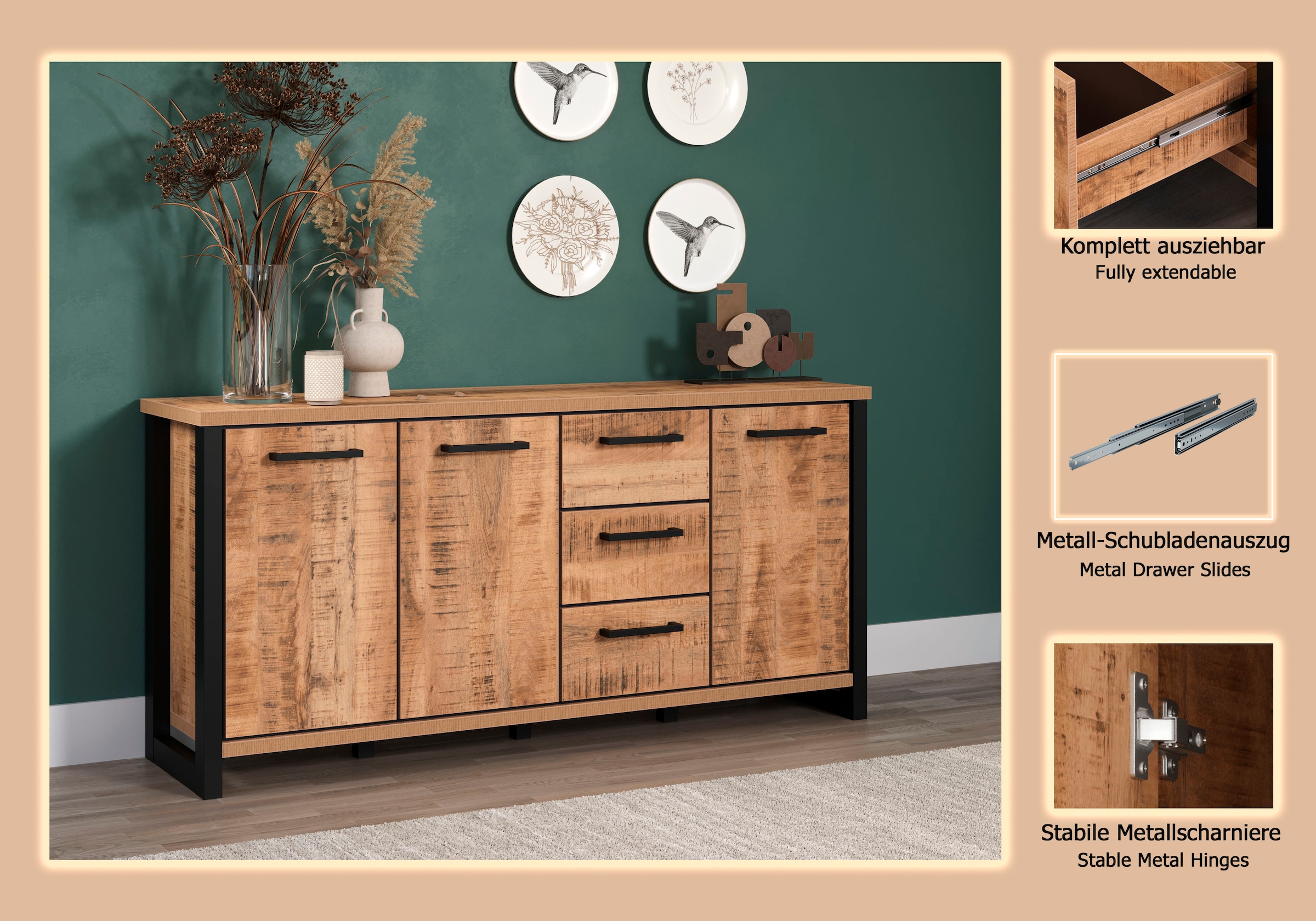 Home affaire Sideboard »Elda« 1 Stk. tlg. Sideboard mit 3 Türen & 3 Vollauszug Schubladen – (B/T/H) 180/45/86 cm