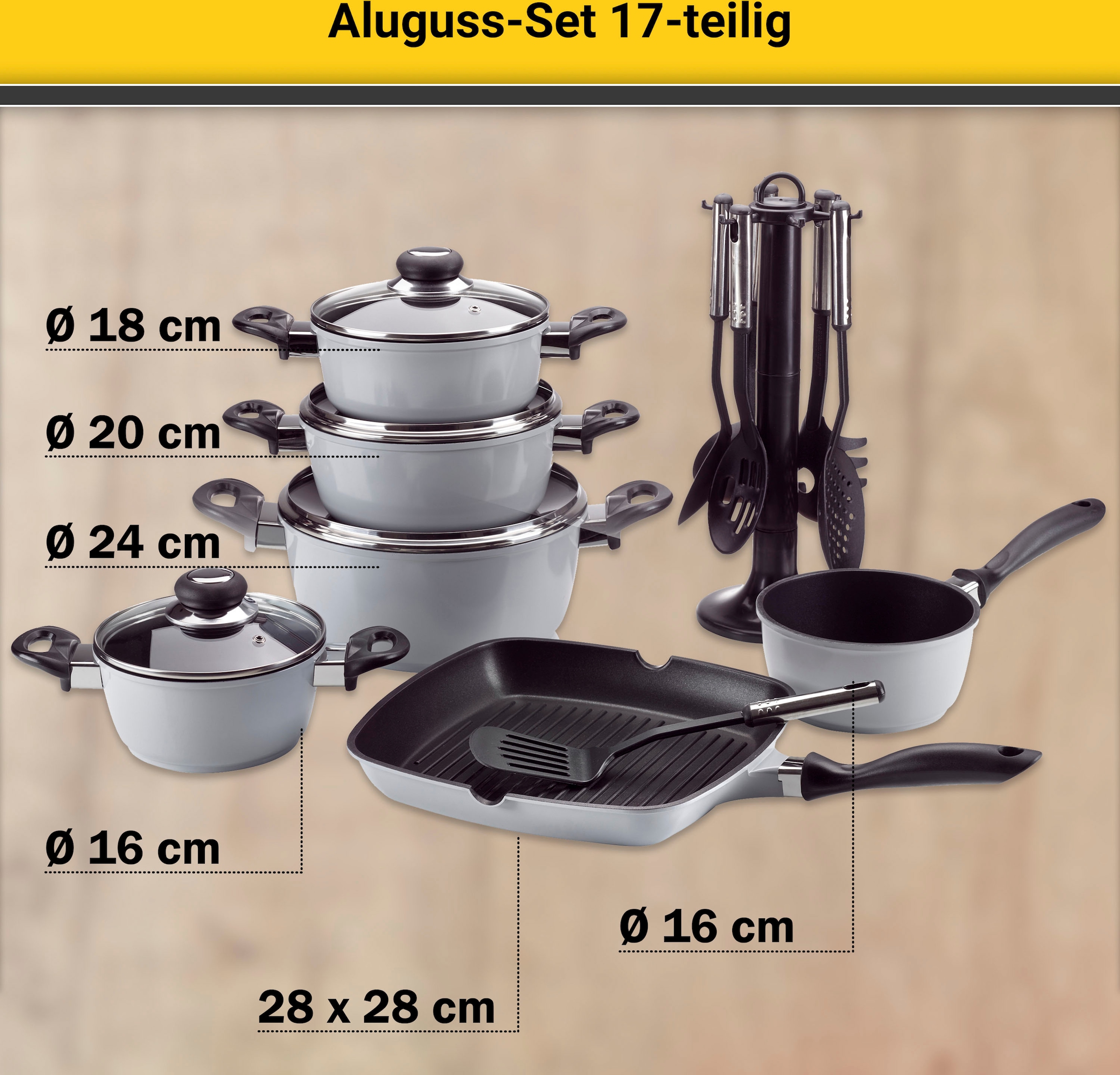 Krüger Topf-Set »Aluguss Topf- und Pfannenset inkl. praktischen Küchenhelfern, 17 tlg.«, Aluminiumguss, (Set, 17 tlg., Fleischtopf 16/18/20/24cm, Stieltopf 16cm Steakpfanne 7 T.Küchenhelfer), inkl. 7-tlg. Küchenhelfer-Set